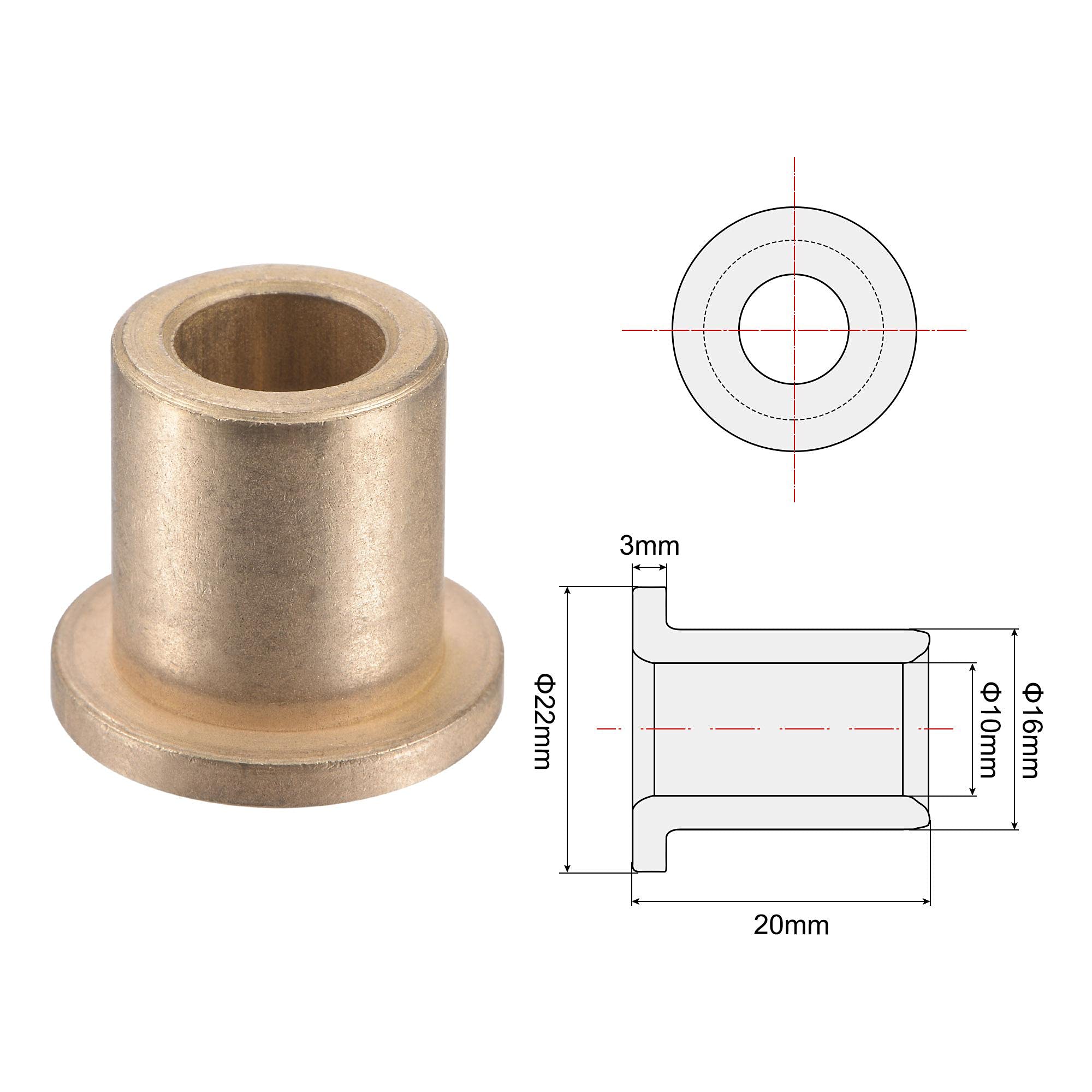 sourcing map Lot de 4 roulements à douille de bride 10 mm d'alésage 16 mm de diamètre extérieur 20 mm de longueur 22 mm de diamètre bride 3 mm d'épaisseur bague auto-lubrifiante bronze fritté