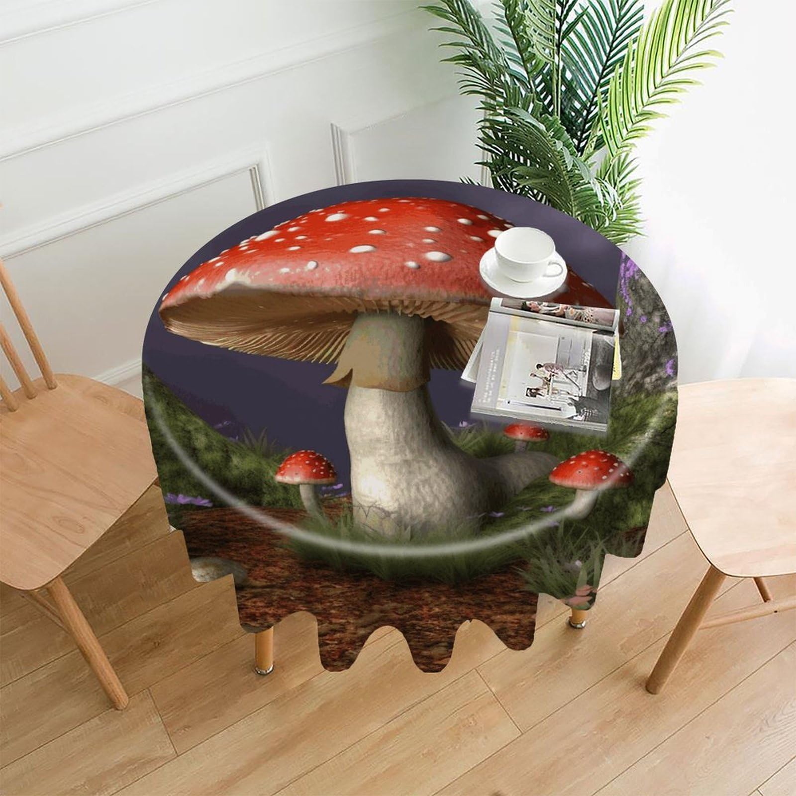 MUSM 60 Inch Mushroom Round Tablecloth Wipeable Washable Table Cover for Kitchen and Dining Room Decorative Table Cloth for Party Holiday Picnic Outdoor