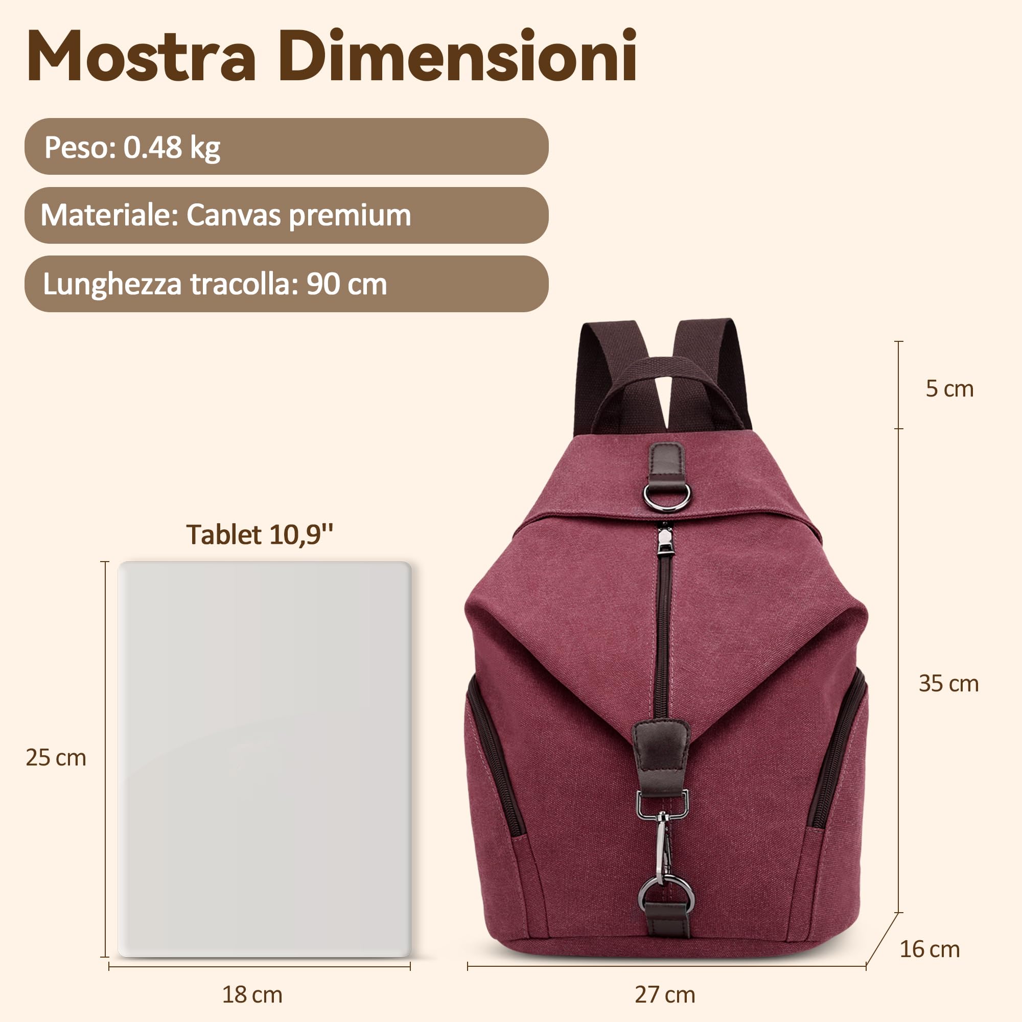Moda Donna Zaino in Tela Zainetto Borse a Spalla Borsa da Viaggio in Casual Zaino Antifurto Grande Capacità Borsa da Scuola Rosso