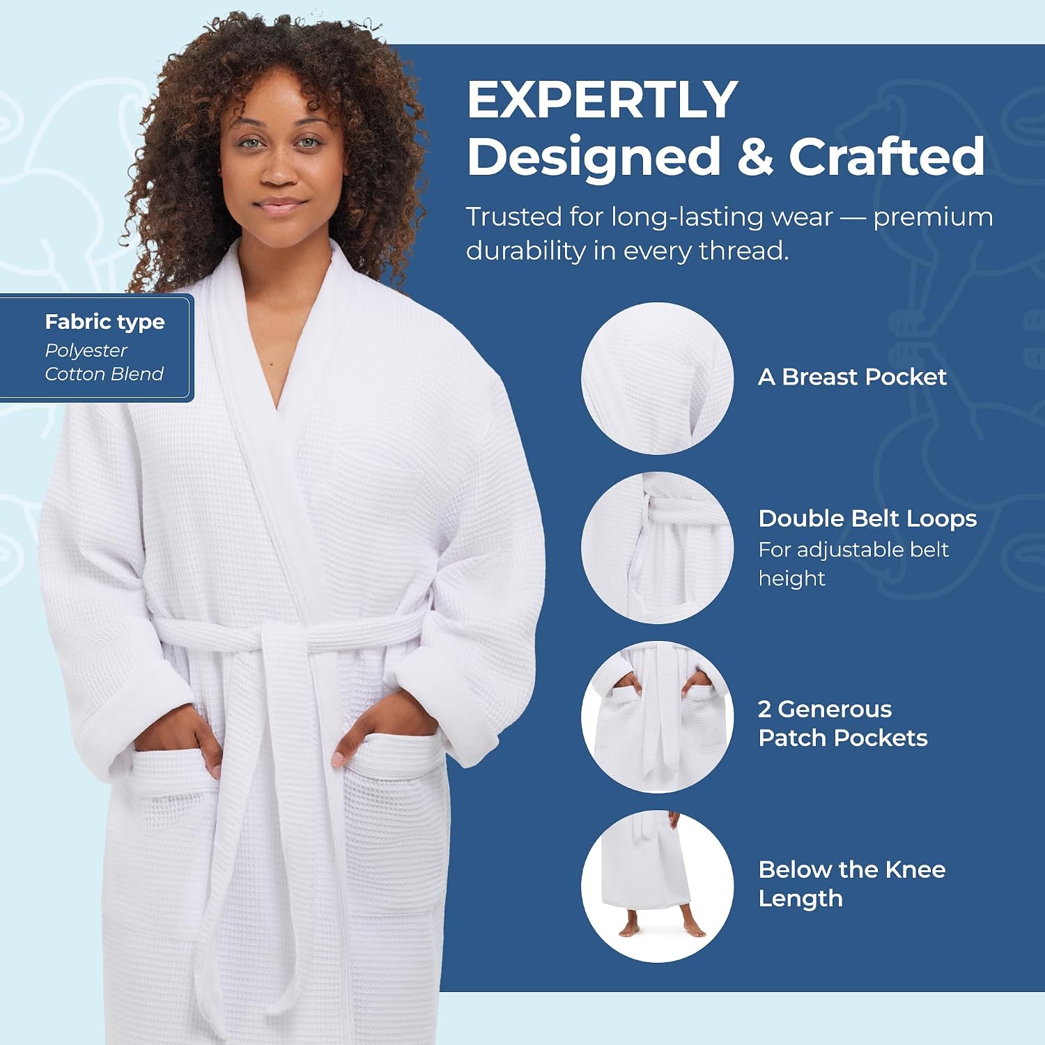 MONARCH Unisex Plush Lined Waffle Spa Robe – Soft and Warm Textured Fabric, Generously Sized Hotel & Spa Robe with Pockets