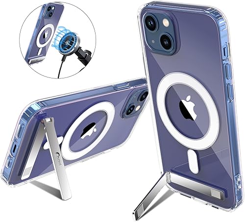 Funda transparente para iPhone 13, funda magnética de tres vías, compatible con MagSafe con soporte de metal con borde suave, parte trasera dura,