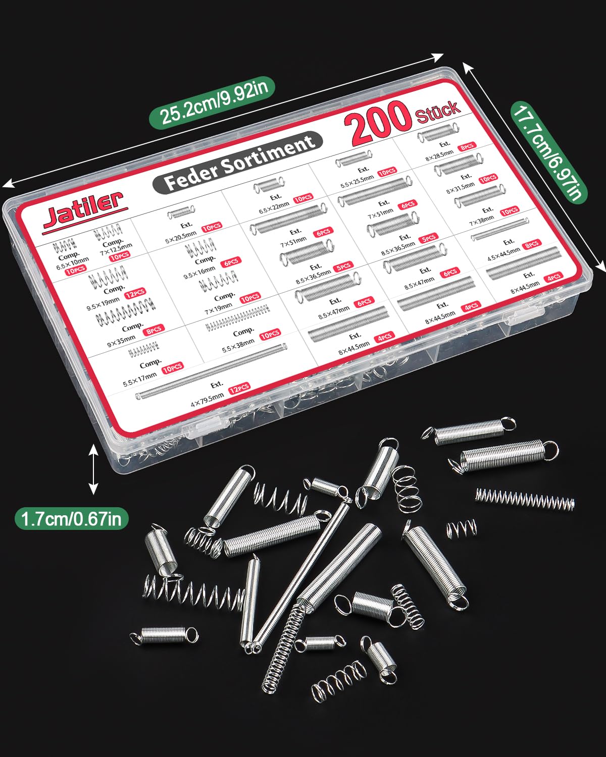 Surtido de 200 muelles de tracción, acero inoxidable, 20 tamaños, kit de resortes con caja