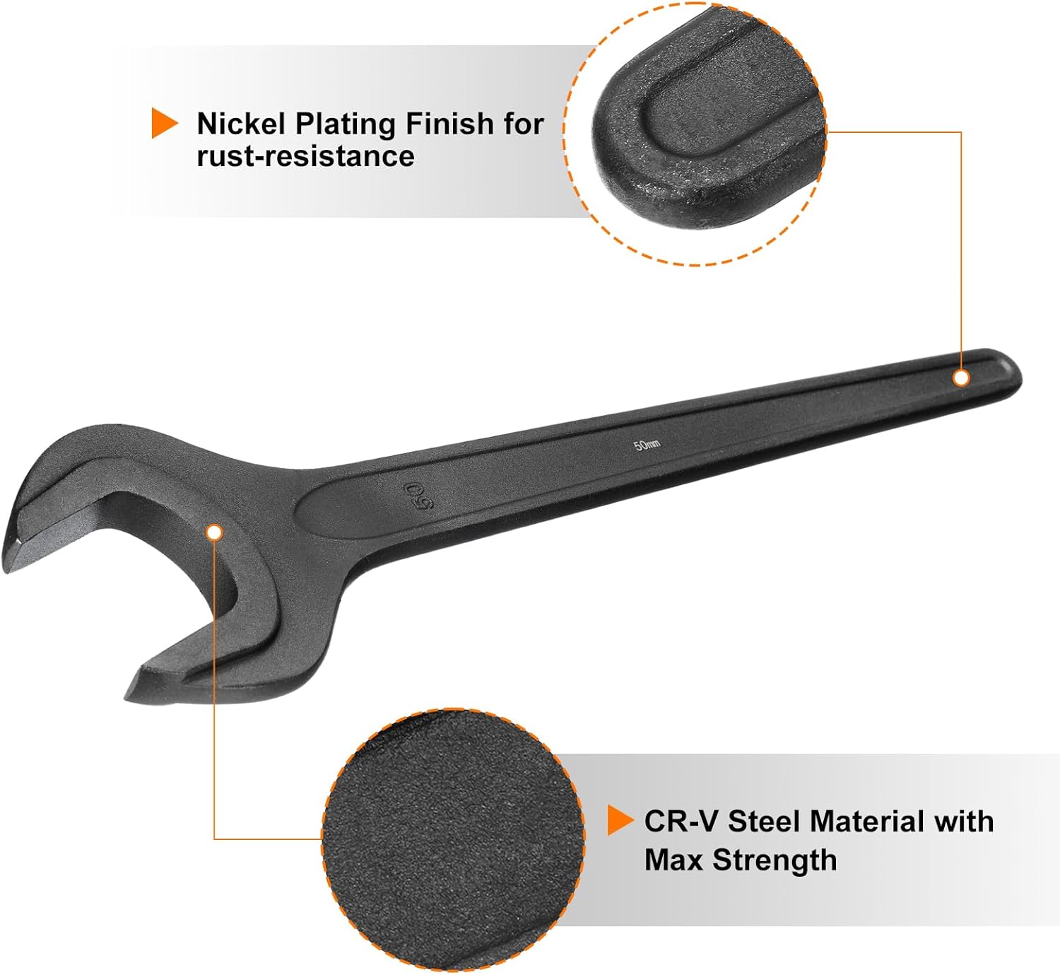 HARFINGTON Single Open Ended Spanner Wrench, 50mm, Thicken CR-V Steel Open End Wrench Tool for for Automotive Repair and Furniture Assembly, Black