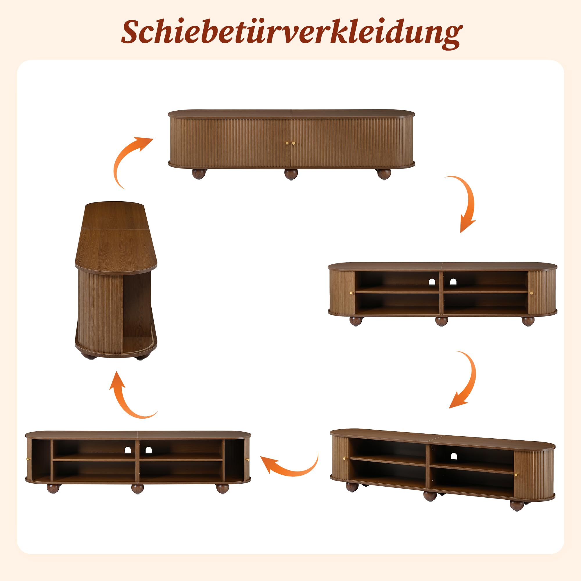 180cm Rundungen TV Schrank mit Schiebetüren, TV Lowboard Wohnzimmer | Retro TV Möbel,Wohnzimmermöbel, vertikal geriffelte Schiebetüren,Kugelfüße