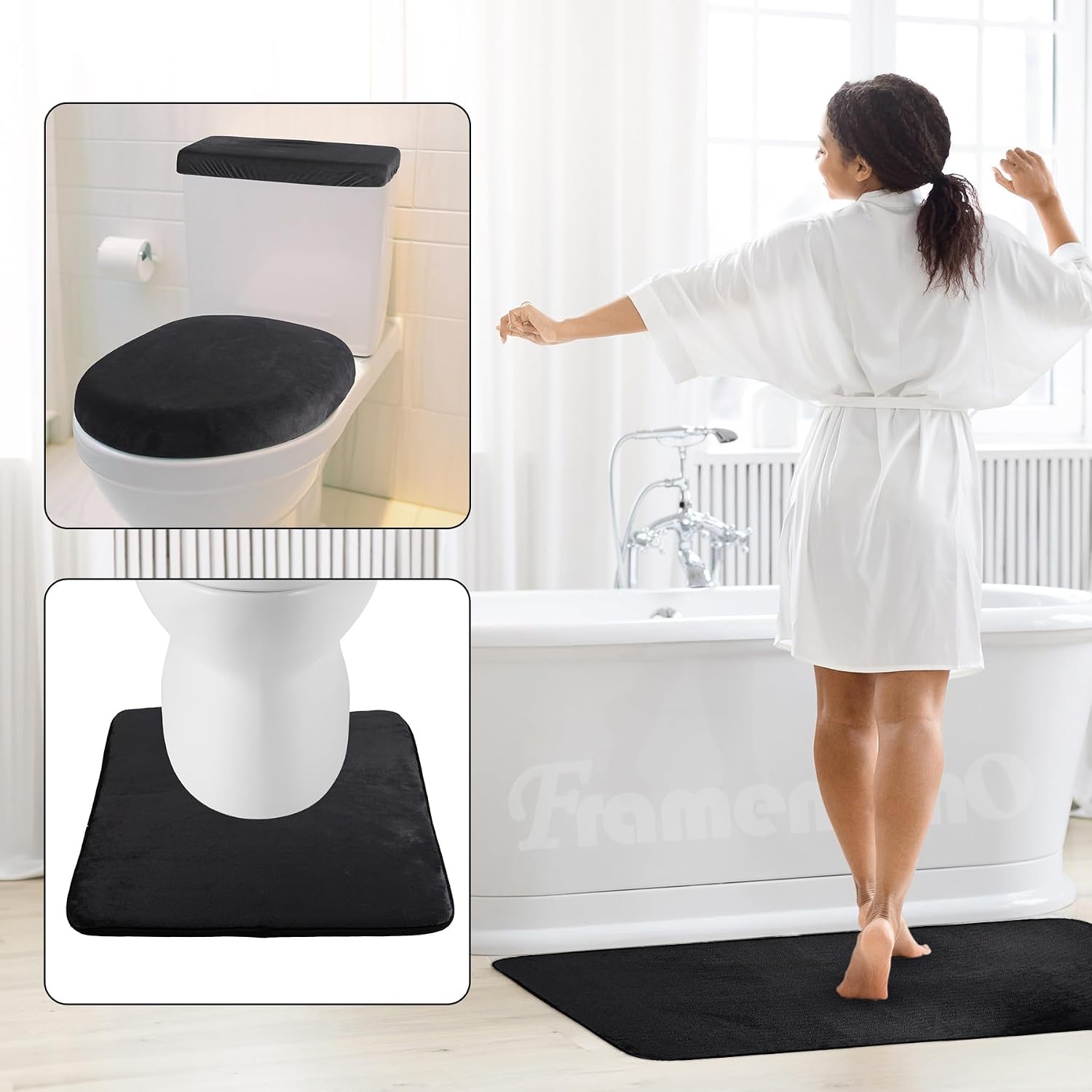 Framendino, Black Memory Foam Bath Mat Set 2 Piece and Toilet Lid Cover Tank Rug Combo for Bathroom
