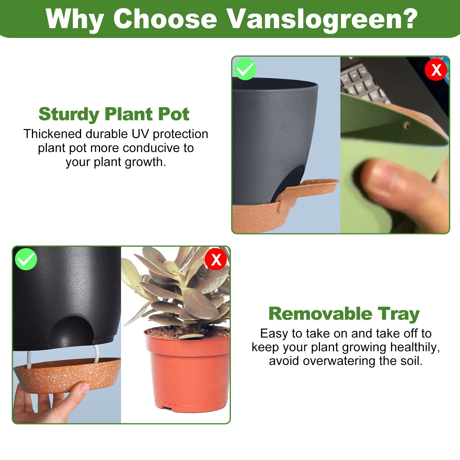 Vanslogreen Jardinières pour Plantes d'intérieur de 20,3 cm, 17,2 cm, 16,5 cm, 14,9 cm, 14,9 cm, 14,9 cm, 13,9 cm, 13,9 cm, 13,9 cm, avec Trou de Drainage, Pots de Fleurs en Plastique pour Plantes