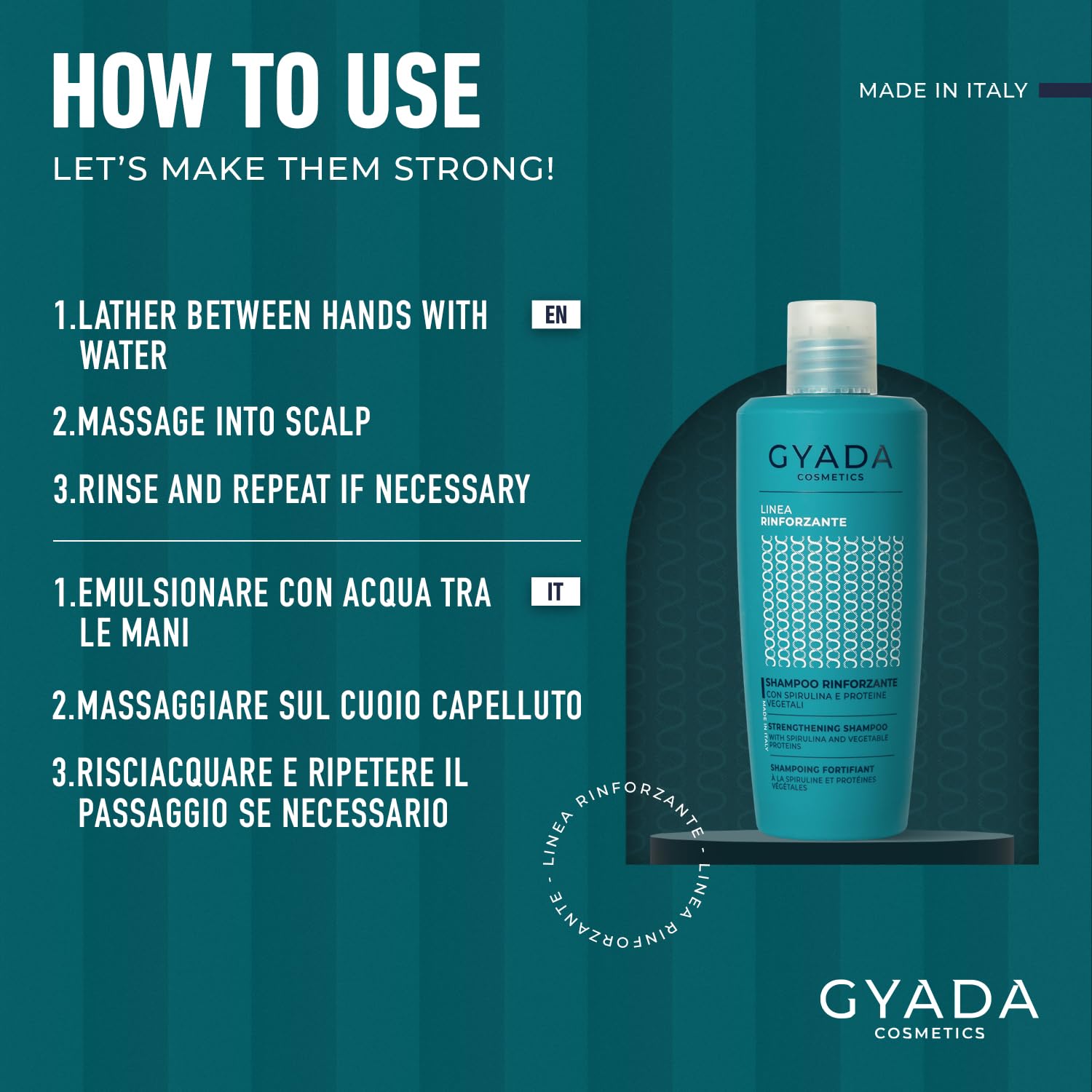 GYADA COSMETICS, Shampooing fortifiant à la spiruline, pour cheveux cassants et clairsemés, à l’action restructurante, stimule la repousse des cheveux, à l’avoine et au ginseng, 250 ml