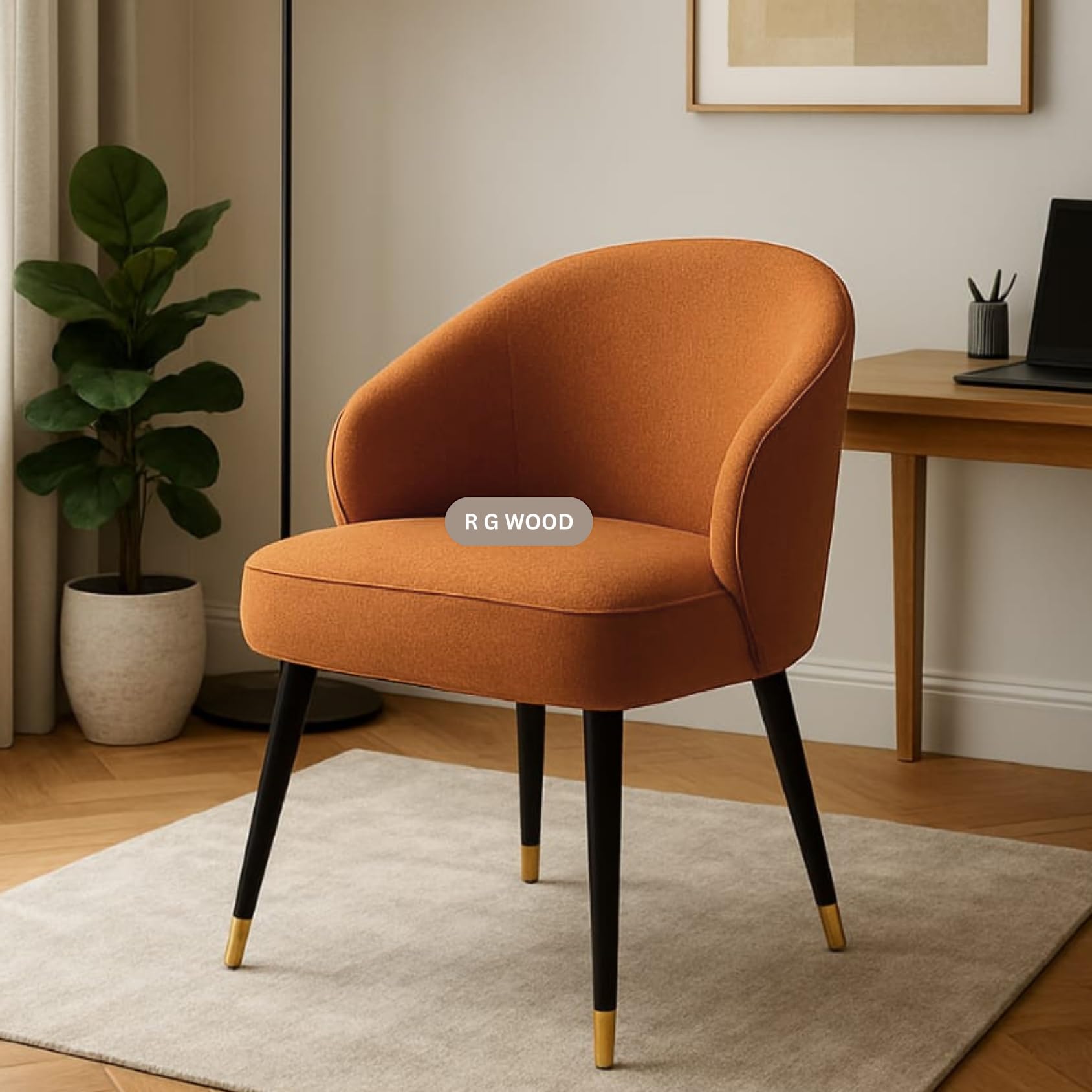 R G Wood Dining Chair Flexible ply & Plywood Frame | Bookley Fabric Upholstery | Sheesham Wood Legs with PU Black Paint & SS Golden Cap | Elegant & Durable Seating 22x23x34 Inches, (Burnt Orange)-image-36