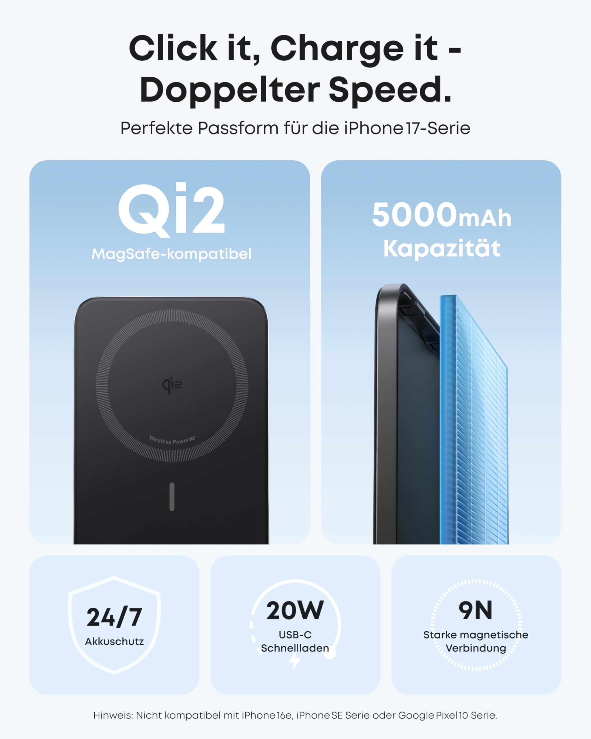 Anker Nano Powerbank, Ultraschlanke 5000mAh Magnet-Powerbank, Qi2-zertifiziert, 15W Max ultraschnelles Laden, MagSafe-kompatibel, tragbares Ladegerät, Ergonomisches Design, Für iPhone 17/16/15/14/13