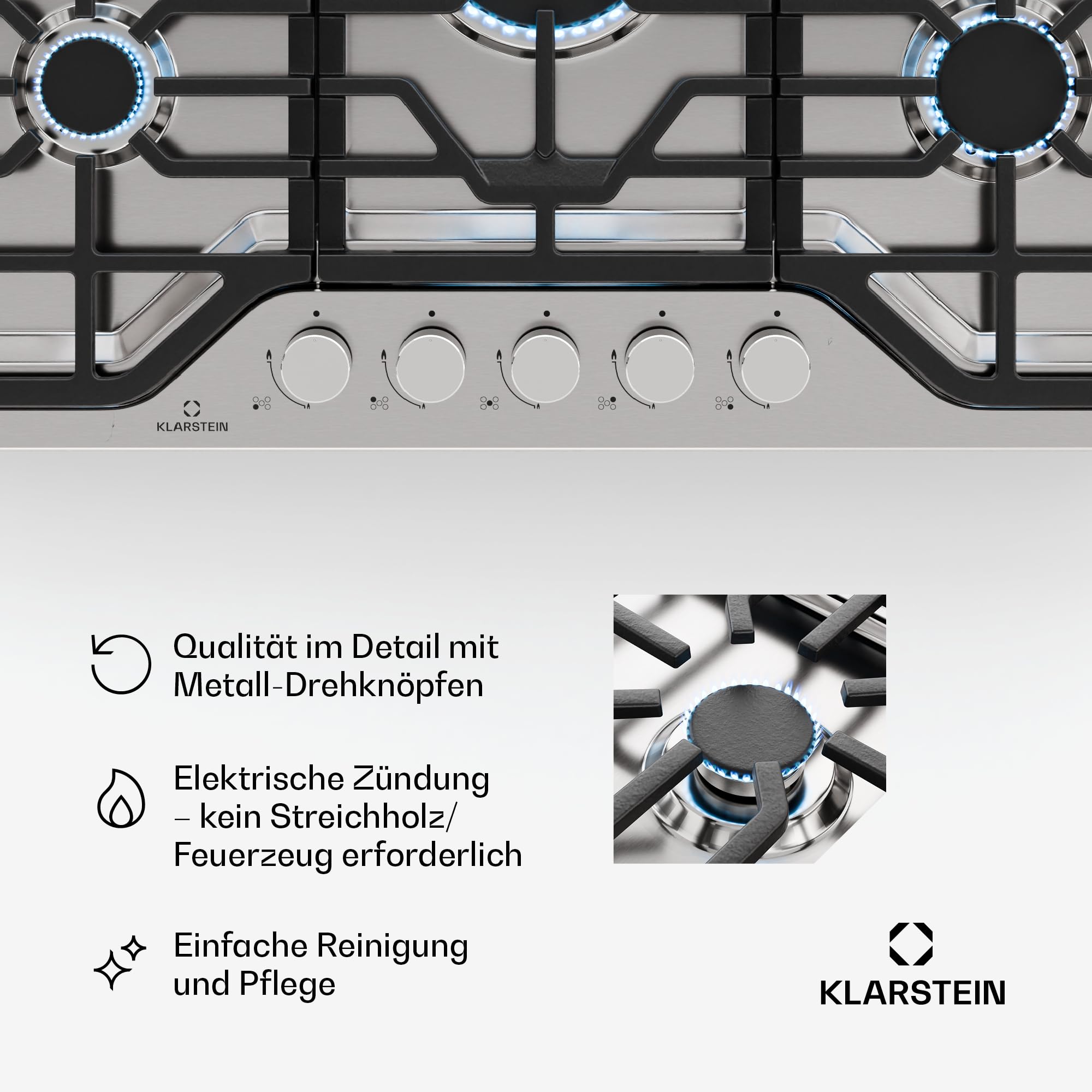 Klarstein Turbocast Gaskochfeld - 5-Brenner Edelstahl 304, 3,4 kW Wokbrenner, Gusseiserne Pfannenhalter, Elektrische Zündung, Sicherheitsabschaltung, LPG-Umrüstsatz, Gasherd, 750x500 mm