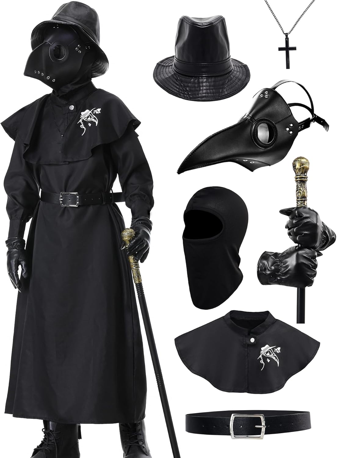 plague doctor costume kids halloween medieval monk cosplay outfit set with mask hat robe cane 140