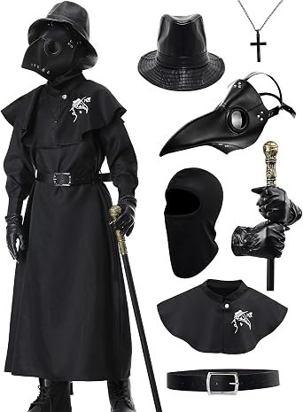 Plague Doctor Costume Kids Halloween Cosplay Outfit Set with Mask Hat Robe Cane