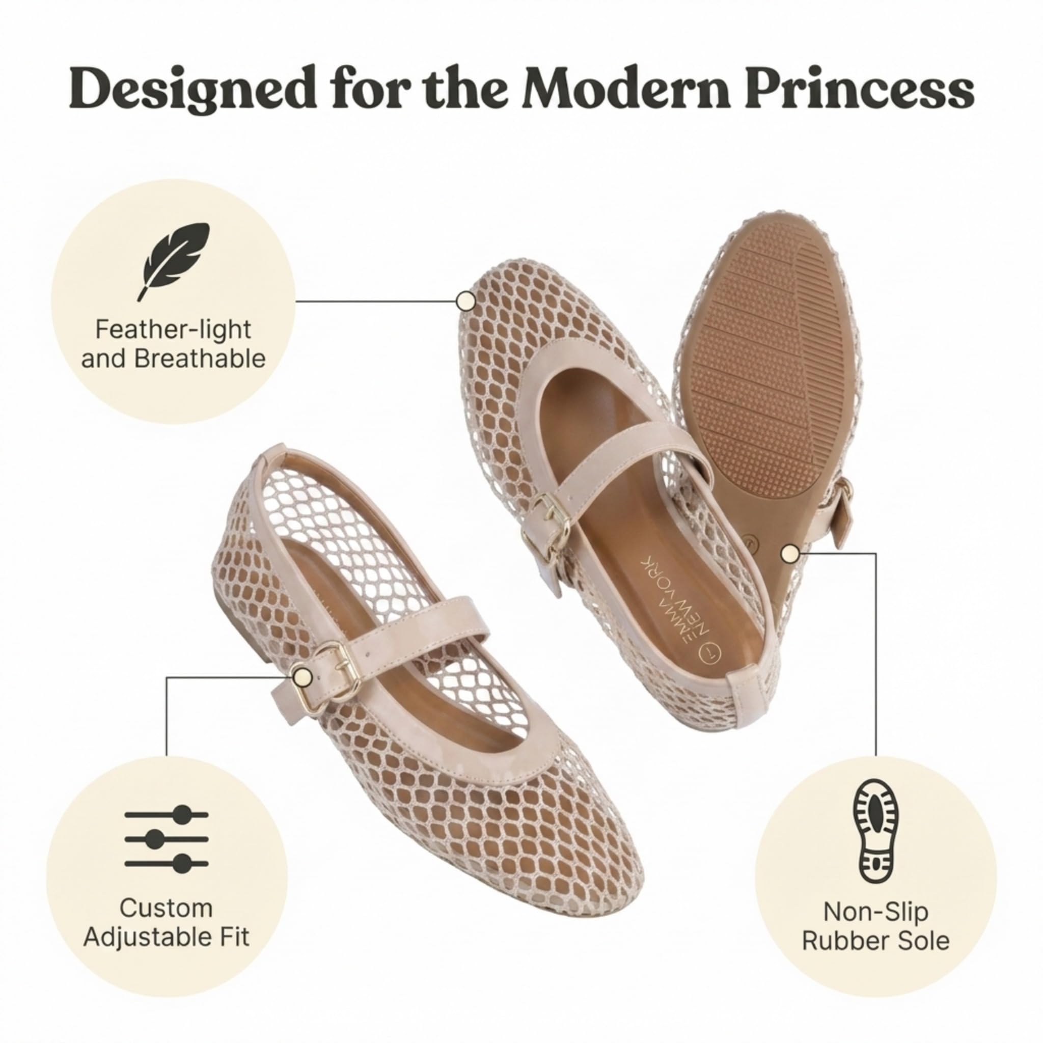 EMMA NEW YORK Mesh Ballet Flats for Women, Mary Jane Mesh Ballet Flats Shoes for Women with Buckle Strap (Nude, 11)