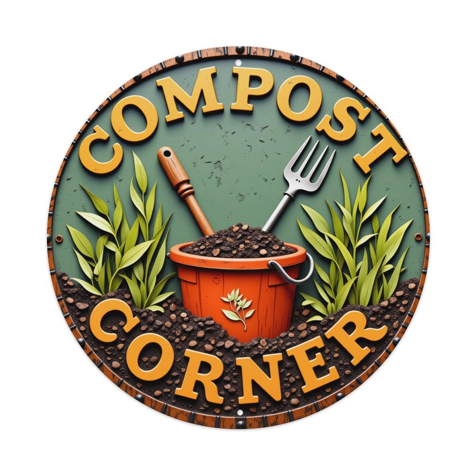 Compost Corner Garden Tool Bucket Round Tin Sign Retro Metal Sign for Cafe Bar Pub Home Game Room Gym Club Wall Decoration Vintage Metal Poster 8x8 Inch