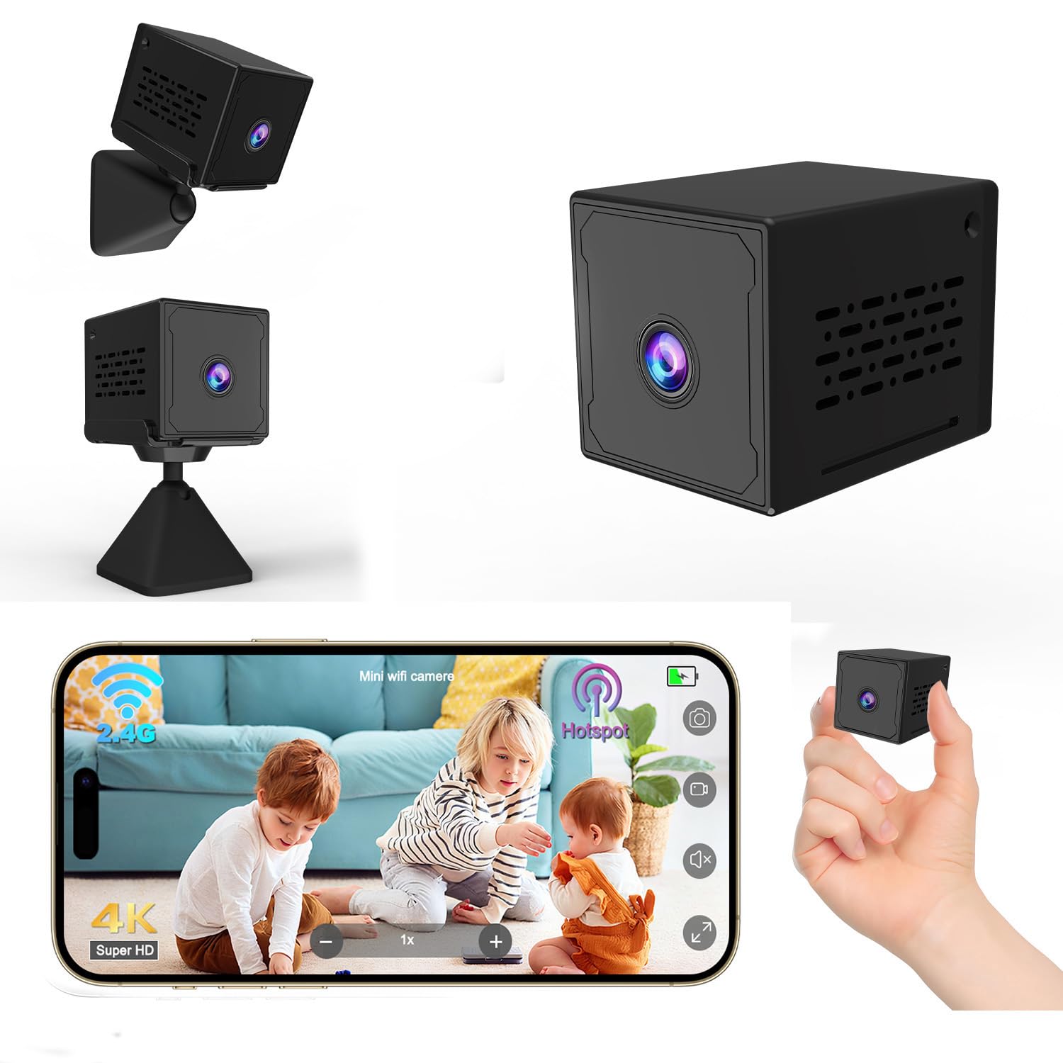 Mini Camara Espia, 4K Mini Camara Vigilancia WiFi Interior, Camara Espia Oculta con Visión Nocturna & Deteccion de Movimiento, Bateria 2000mAh, WiFi/Ap Hotspot Opciones, Spy Camera Interior/Extérieur