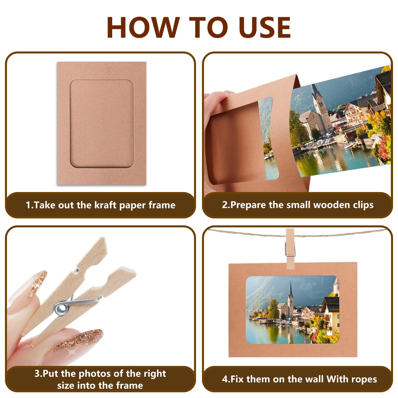 Cadres Photo en Papier 10x15 cm, Guirlande Photo 40 Pinces Bois + 4 Cordon Jute, Lignes à Photos DIY Anniversaire Mariage