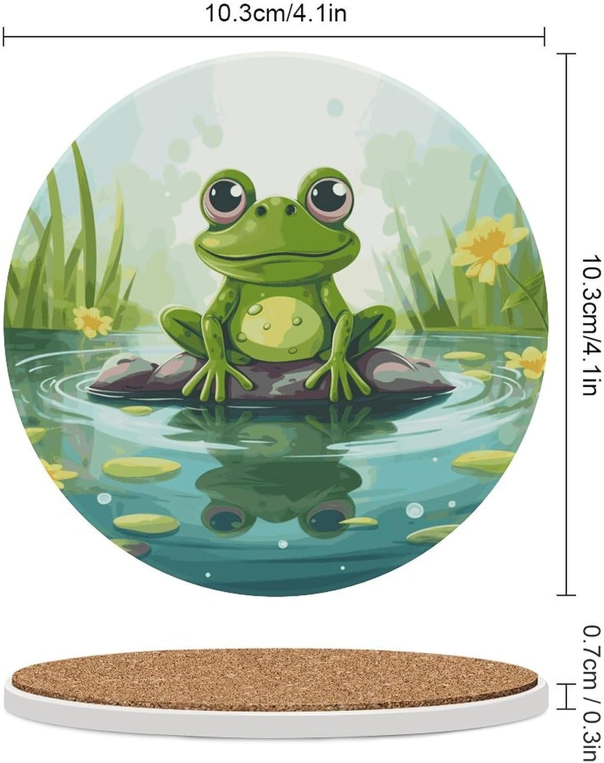 6PCS Frog in A Pond Coasters Non-Slip Round Drink Coasters with Ceramic Stone and Cork Base, Heat Resistant Absorbent 33.00Stone Coaster Set for Kinds of Mugs and Cups, 4 Inch