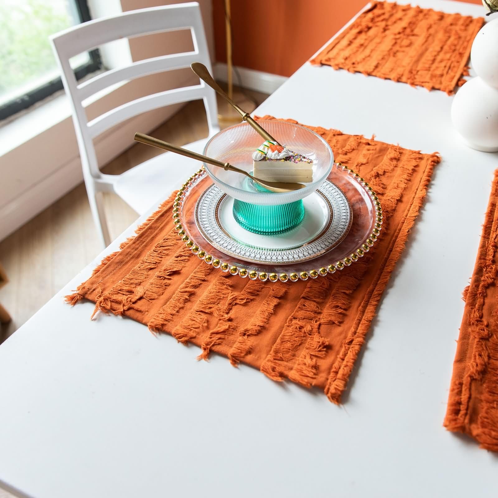 Set de Table Rectangulaire, 30 x 45 CM, 6PCS, Set de Table Coton Lin Rayures Découpées Style Française, Orange