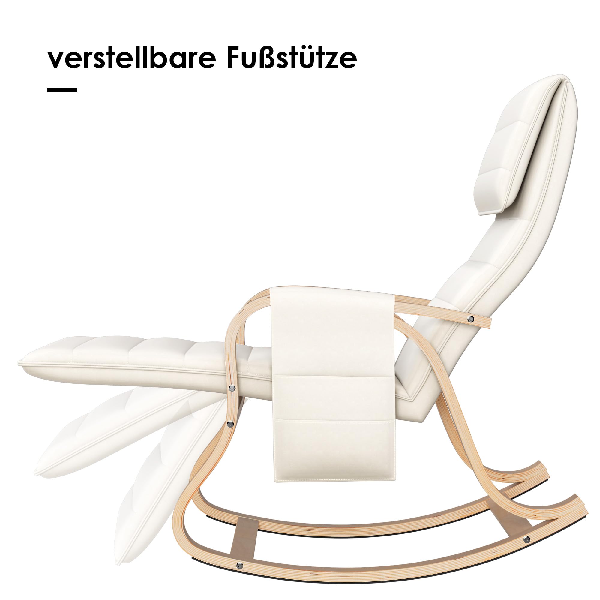 FirFurd Sedia a Dondolo in Legno di Betulla, Poltrona Dondolo Con Seduta Ergonomica In Tessuto Imbottito,Poltrona a Dondolo Regolabile a 5 Altezze, Portata 150 kg,per Salotto,Camera da letto (Bianco)