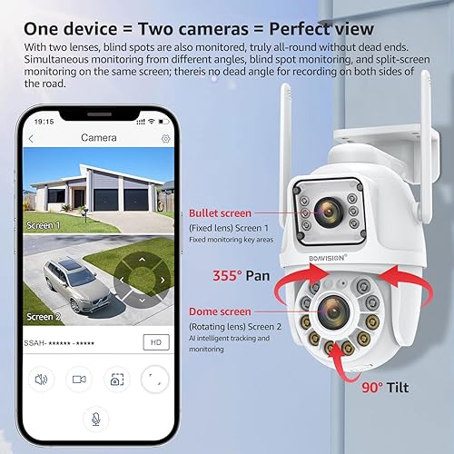 Miniatura 2 de BOAVISION Cámara de seguridad WiFi 5G2.4G para exteriores, lente dual PTZ inalámbrica, vista de 360, seguimiento humano AI, visión nocturna a color,