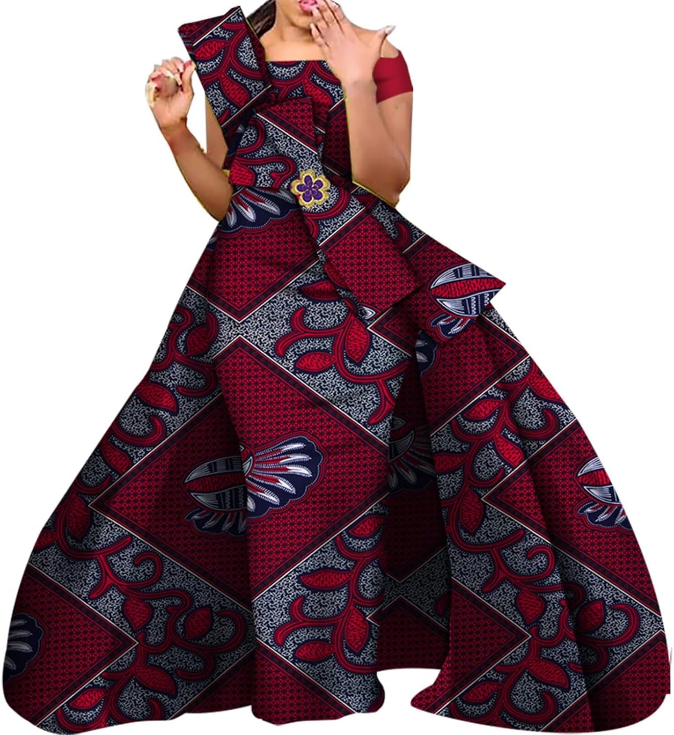 ABCWAX Women's African Kente Print One Shoulder Maxi Dress with Bow Detail Elegant Women's Gown