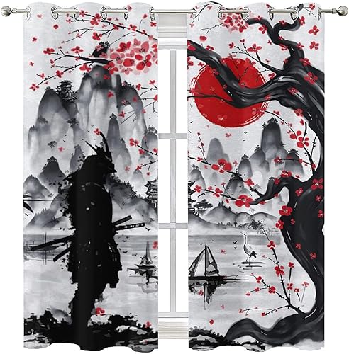 Miniatura 8 de Cortinas opacas retro japonesas para oscurecer la habitación con ojales, tinta de acuarela, samurái, sol rojo, montaña, cerezo, flores, eficiencia