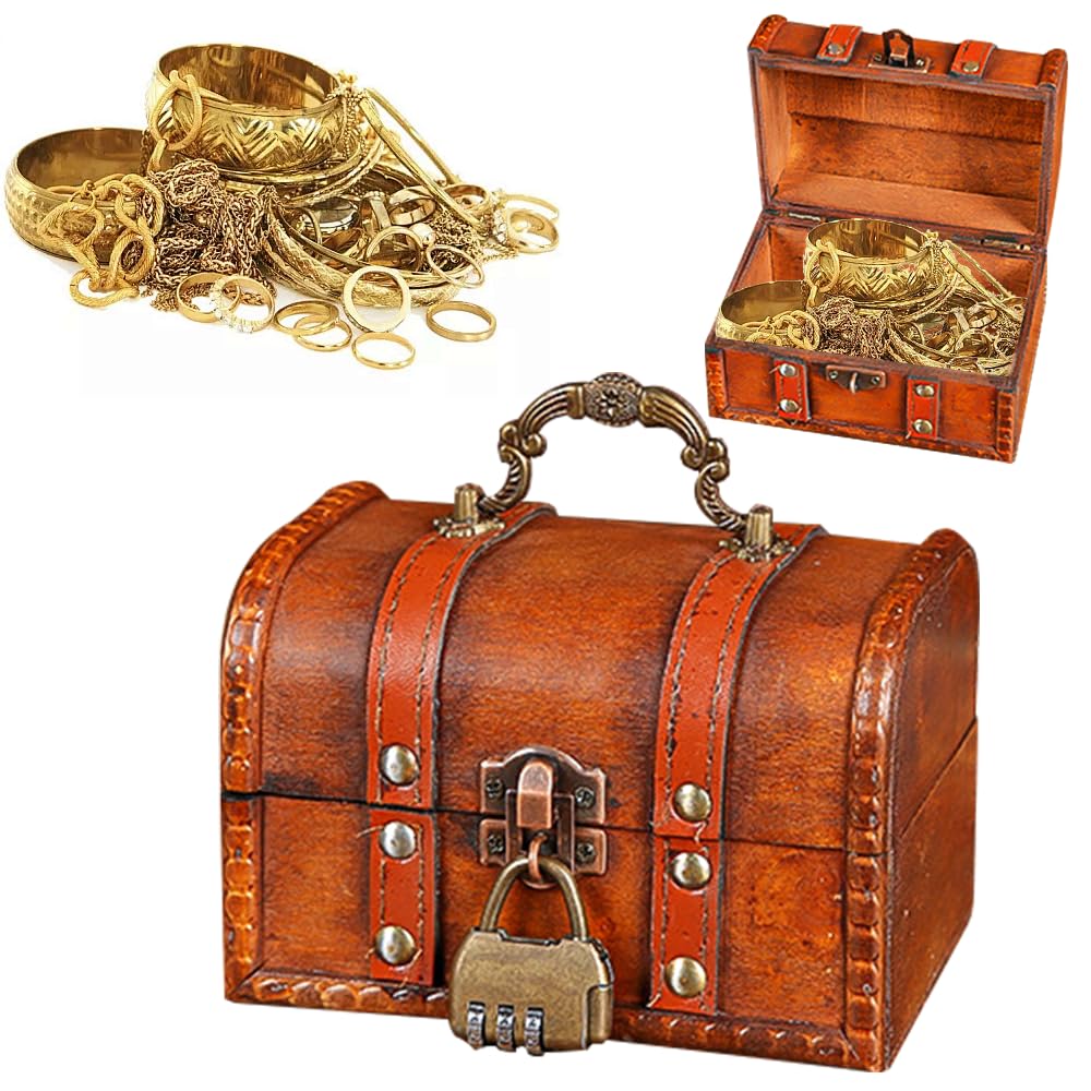 LPAMABA Scatole del Tesoro Vintage con Lucchetto,Scrigno del Tesoro in Legno con Lucchetto Pirati,Cofanetto del Tesoro in legno,Piccola Scatola Portaoggetti Baule per Gioielli, Collane, Orecchini