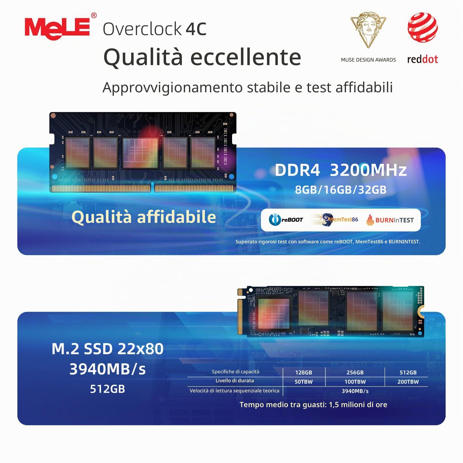 Mele Overclock4C Mini PC, N300 16GB 512GB, HDMI USBC Triple 4K | Core i3 N300 fino a 3.8GHz, 16GB RAM, 512GB PCIe 3.0x4 SSD, doppio HDMI 4K, USB-C multifunzione, Wi-Fi 5, BT5.1