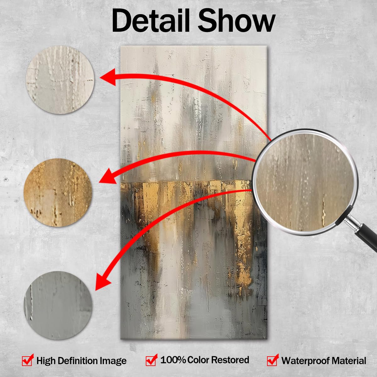 UUDEZO Lienzo enmarcado con texturas y diseños abstractos dorados - Decoración de pared para sala de estar (75 x 150 cm (30 x 59 pulgadas) con marco)