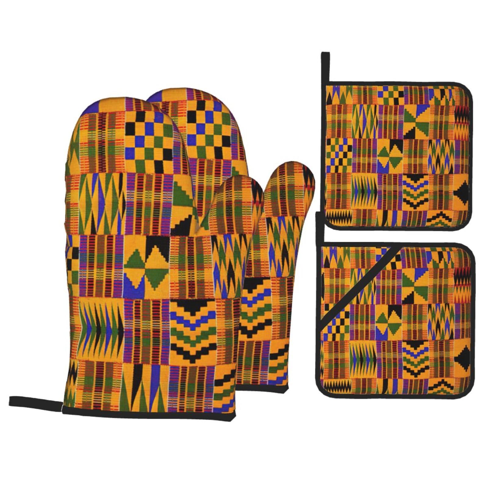 Nimongt Black African Ethnic Pattern Print Heat-Resistant 4-Piece Oven Kitchen Gloves For Baking Cooking Microwaving Essentials