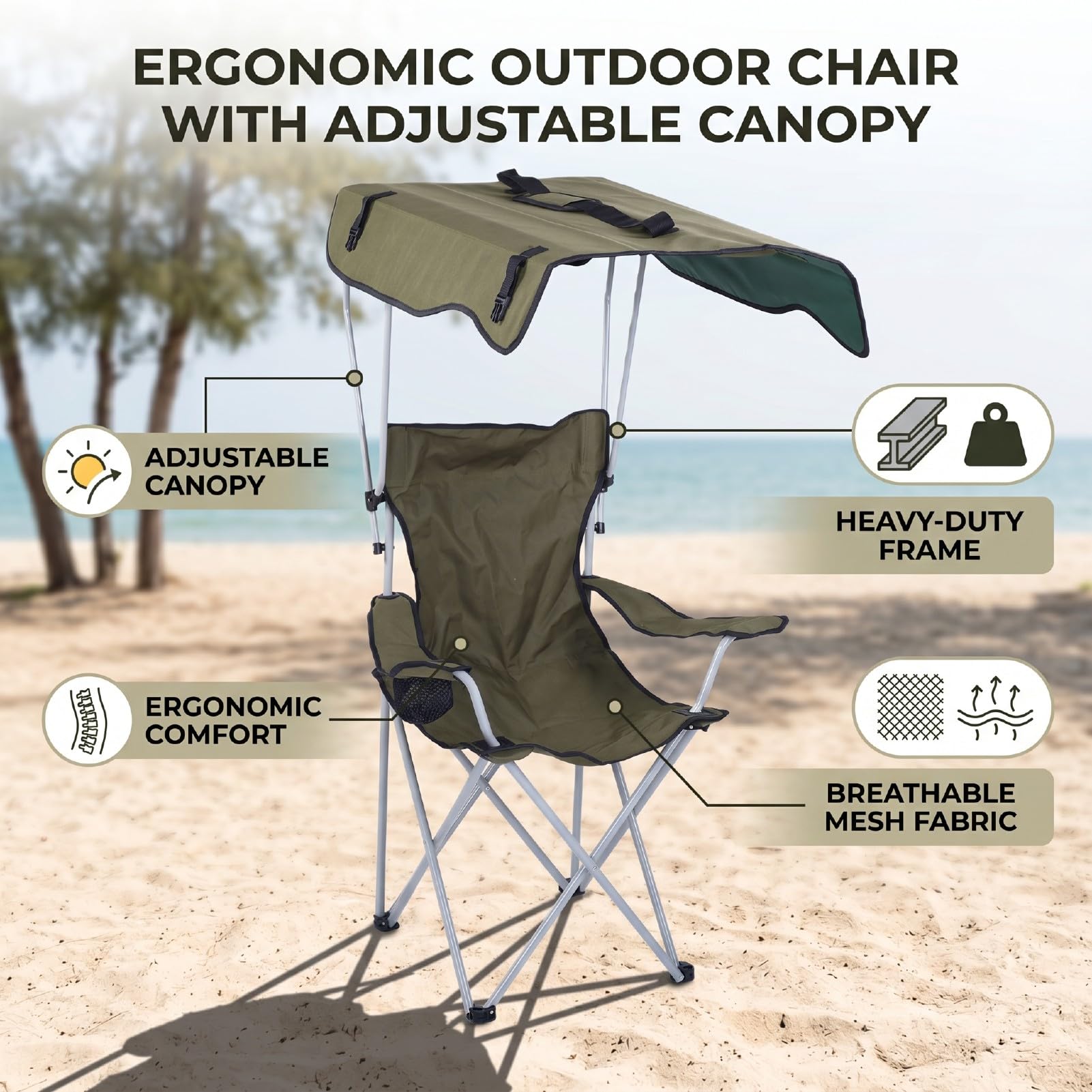 Sedia da Campeggio Pieghevole con Tettuccio Sedia da Esterno Ergonomica Premium per Viaggi da Picnic Sulla Spiaggia OD Green