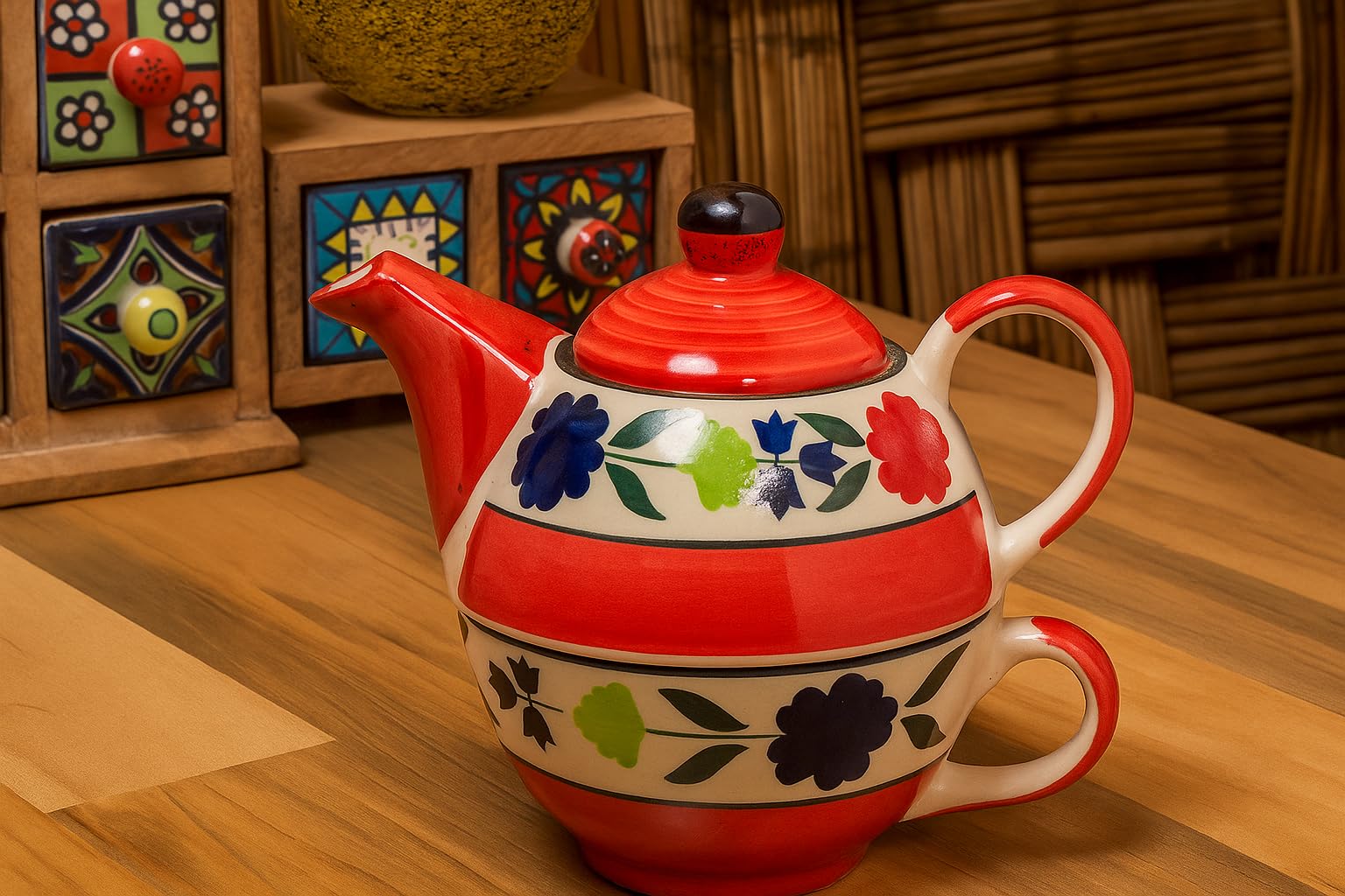 HS HINDUSTANI SAUDAGAR Bloomberry Red Ceramic Tea Pot Kettle with Cup Milk hot Water Cup with Handle teapot Set of 1 Coffee chai Kettle 300ml Masala chai Green Tea Ideal serveware for Gifting.