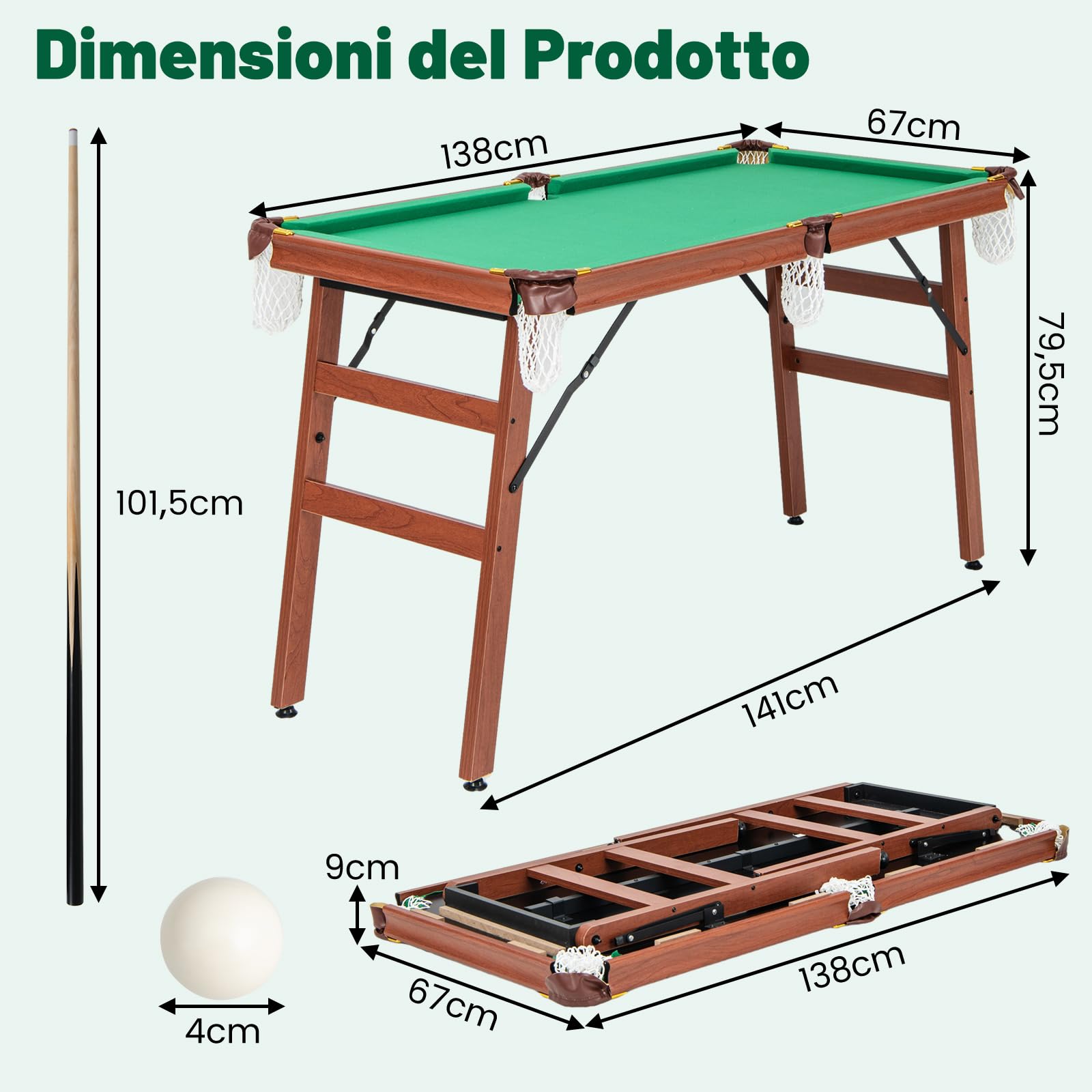 COSTWAY Set Tavolo da Biliardo Pieghevole, Tavolo da Gioco Biliardo Portatile con Livellatori Regolabili per Piedi, 2 Stecche 2 Gessi 16 Palline Spazzola, per Giochi in Famiglia Bar, 138x67x79,5 cm