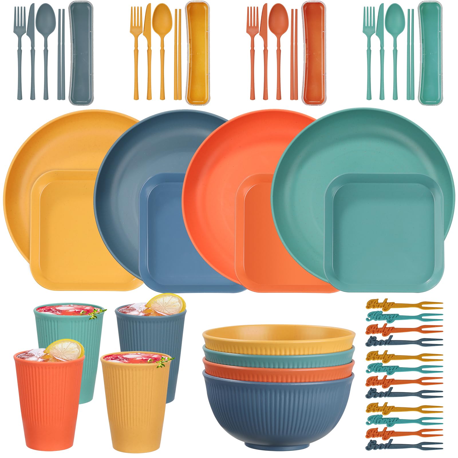 48pcs Dinnerware Set Camping Plates Picnic Cereal Bowls for 4 People, Unbreakable Tableware Colorful Plastic Lightweight Serving Plates, Bowls, Cups, Cutlery Set, Forks Party Reusable Plates Bowls Set