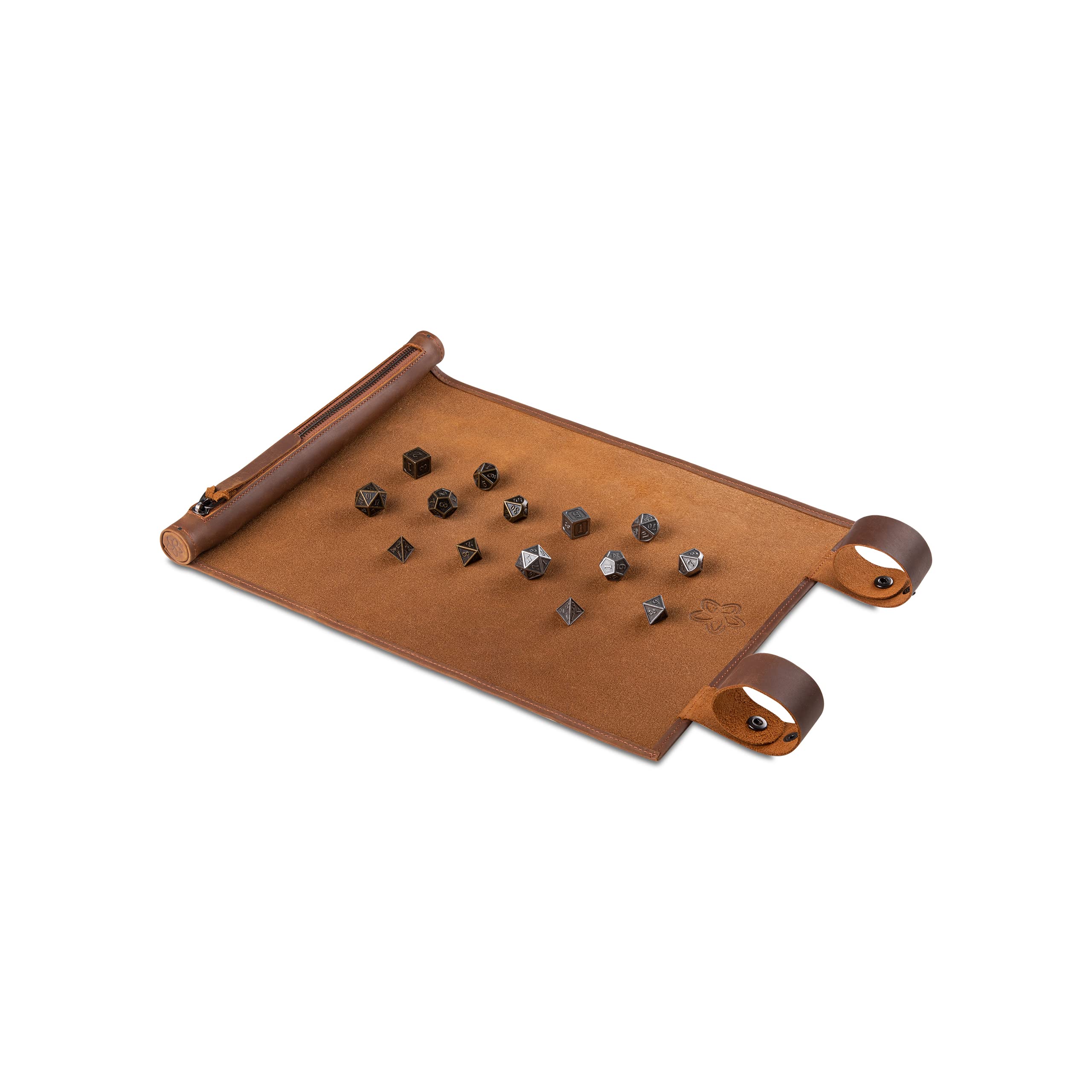 RPG - Alfombrilla para Dados, Hecha a Mano, de Piel auténtica, con Compartimento para Dados, para Todos los Juegos de fantasía como DND, DSA, Cthulhu (Tobacco + Bronze & Iron Set)