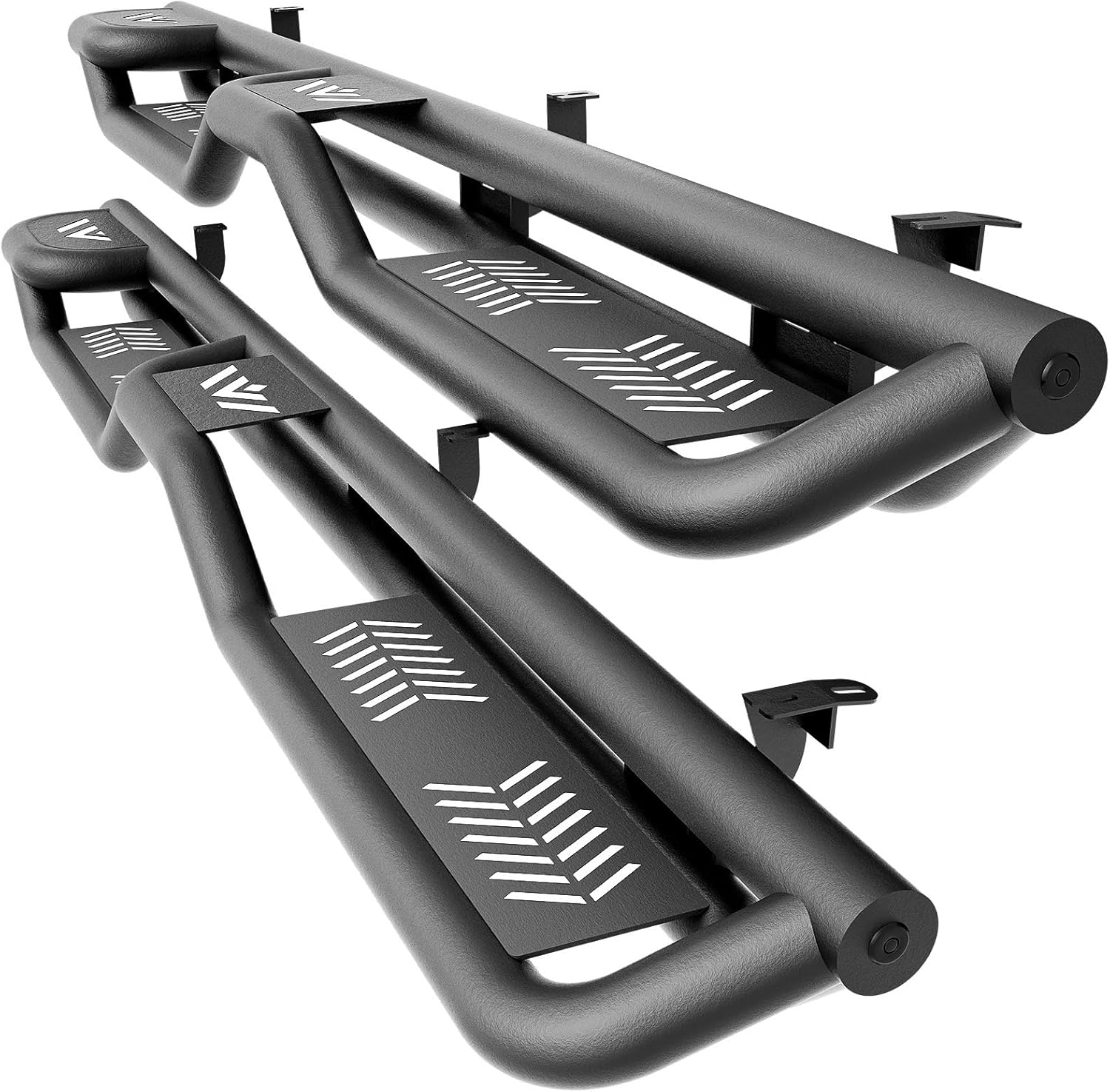 Two Raised Steps Double Cab Running Boards Compatible with 2007-2021 Toyota Tundra DoubleCab (2 Half-Size Rear Doors) Side Steps, Two Stair Design Style Black Truck Side Rails Nerf Bars