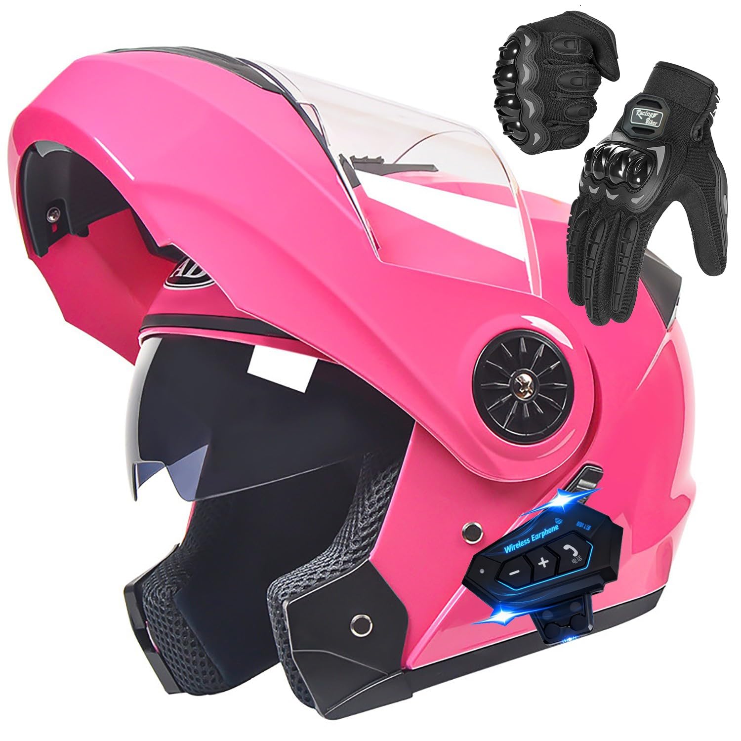 Casco Moto Modular con Bluetooth, Casco Abatible con Doble Visera, Homologado ECE 22.06, Doble Visera Doble Lente Sistema De Ventilación, Guantes, para Adultos, Hombres Mujeres K,Small