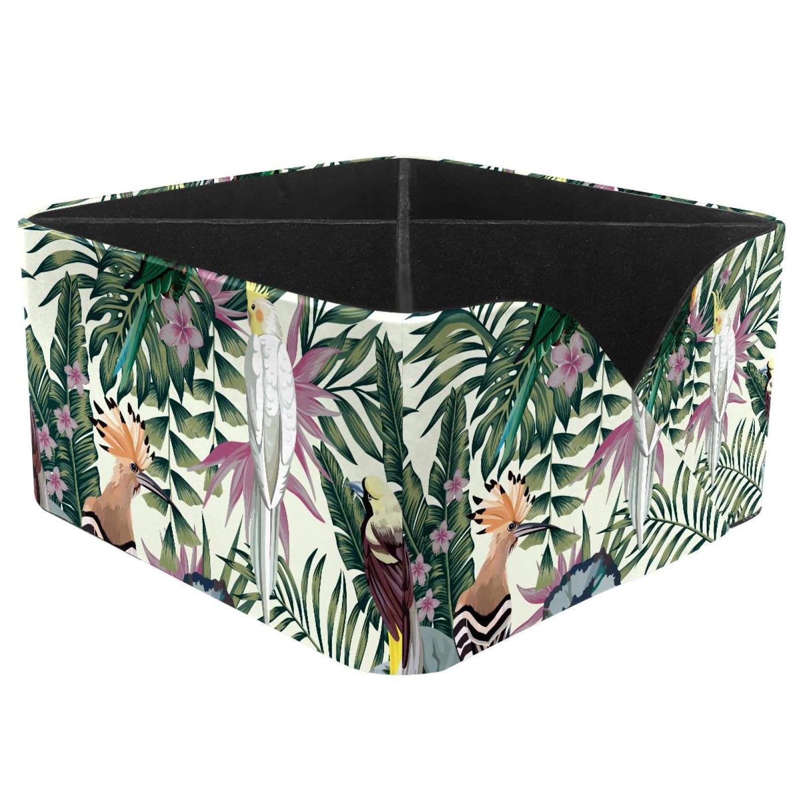 KengjuTesu Tropical Birds Parrot Jungle Plants Leaves Flowers Pattern Desktop Organizer Pen Holder, Rectangular Pencil Cup for Office, Study and Makeup Stations