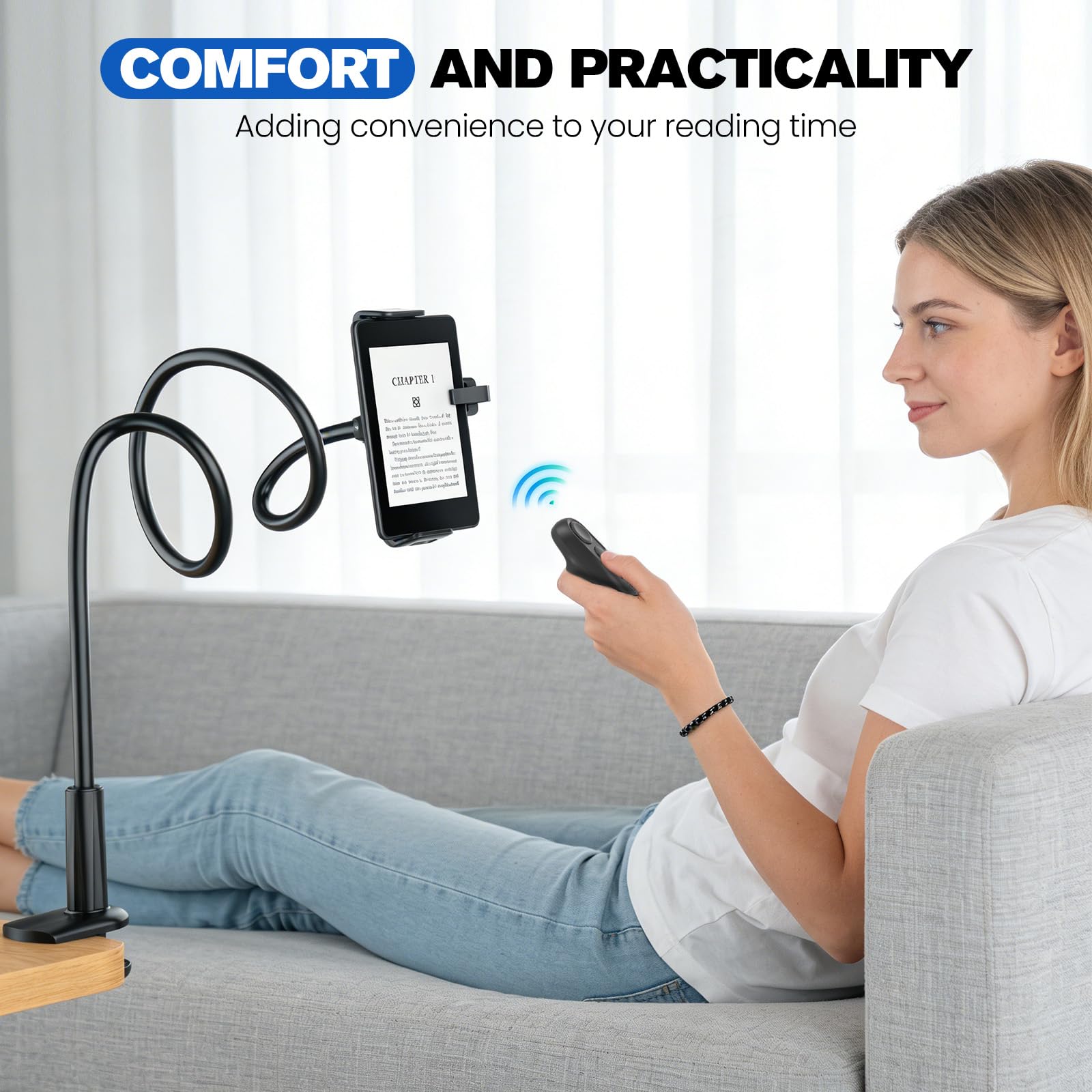 Support col de cygne pour Kindle avec télécommande RF, socle à 360° dans le lit et le canapé, avec Page Turner, accessoires pour liseuse Kindle de 4,7 à 10,35"