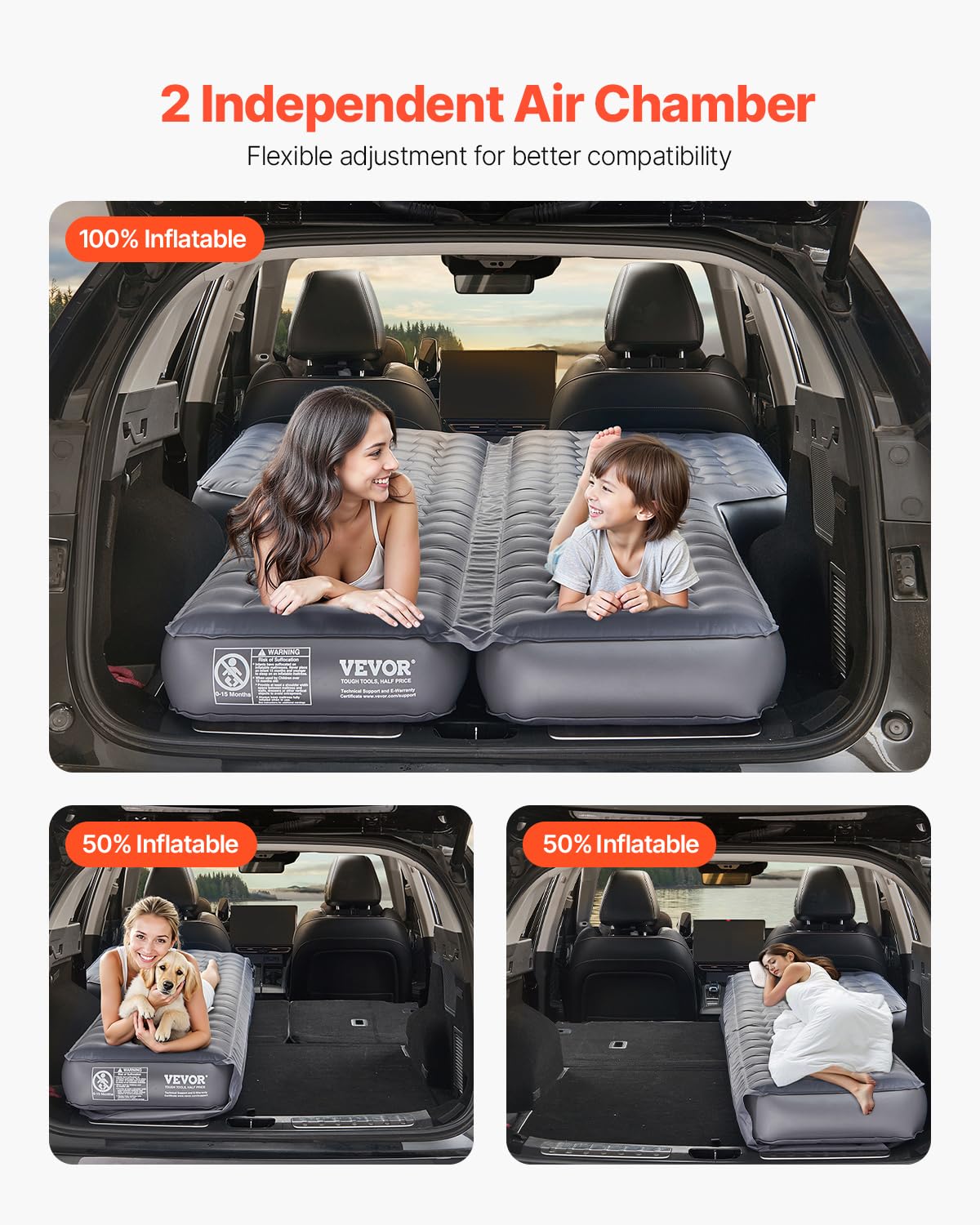 VEVOR Car Air Mattress, Inflatable Car Camping Mattress, Oxford Thickened Travel Beds, Comfortable and Durable Portable Sleeping Pad with Air Pump, Nozzle, Carry Bag, Fits Most SUV MPV Sedan, Gray