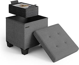 Storage Ottoman Cube with Small Bin, 16-in Square Ottoman with Storage for Living Room and Bedroom, Small Ottomans Foot Rest, Fabric Foot Stools Ottomans Max 330lbs, Grey