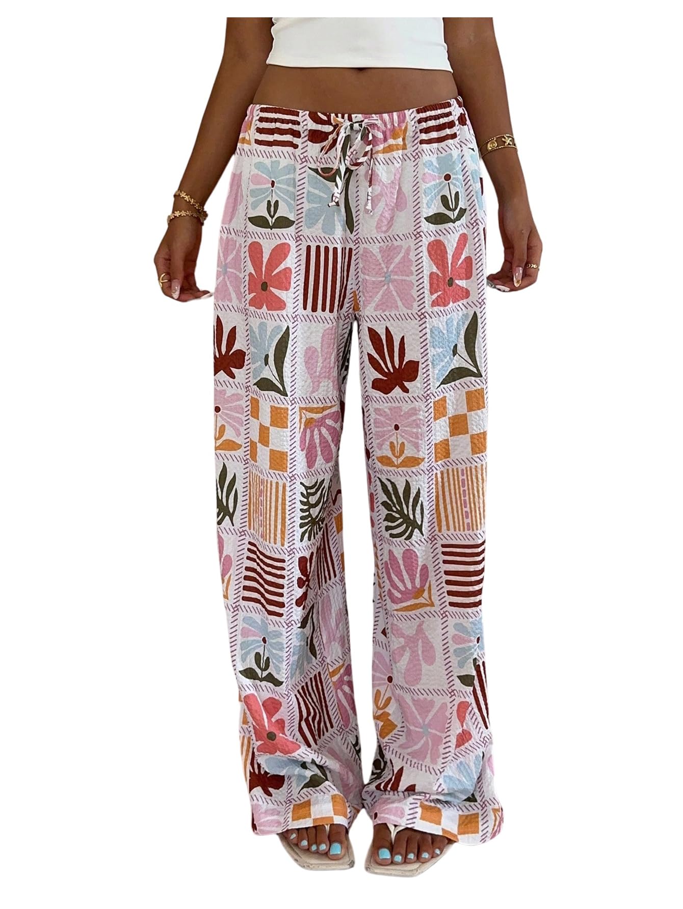 Floerns Womens Boho Floral Print Wide Leg Pants Drawstring Waist Casual Loose Trousers