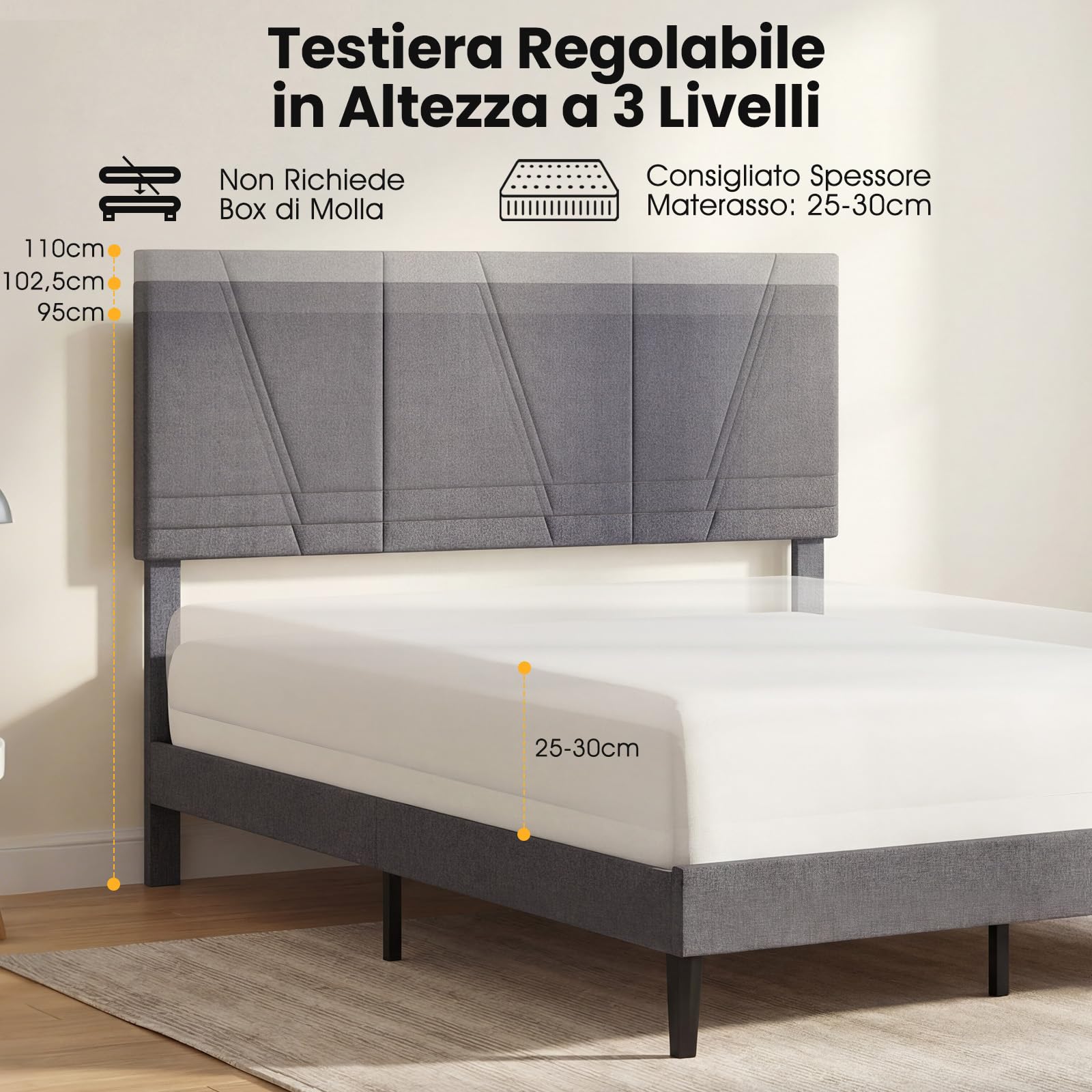 COSTWAY Struttura Letto Matrimoniale, Letto Piattaforma Rivestito in Lino con Testiera Regolabile in Altezza, Doghe in Legno a Supporto del Materasso, Silenzioso (200x160cm)