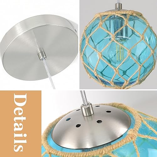 Miniatura 7 de Paquete de 3 lámparas colgantes costeras azules de 6 pulgadas para isla de cocina, lámpara de techo con globo de vidrio oceánico, lámpara de techo