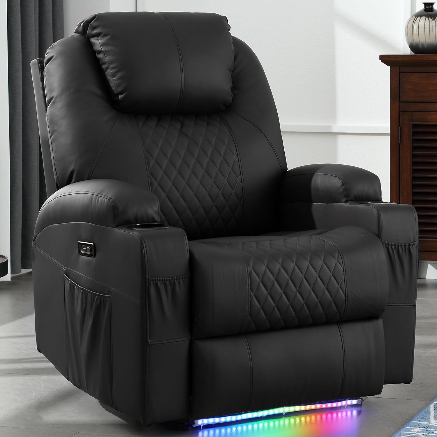 Power Recliner Chair with Massage and Heat, Leather Home Theater Seating with LED Lights/Cup Holders/Side Pocket/USB Port, Reclining Sofa Chair for Living Room(1, Black)
