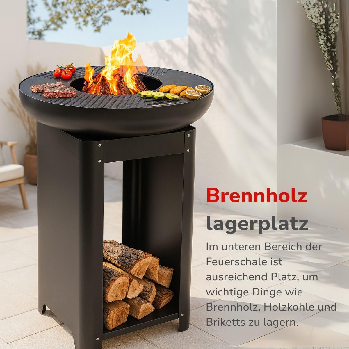 alpina 3-in-1 Feuerstelle und Grillplatte - Gartenkamin 61 x 90 cm - mit Teppanyaki-Grillplatte - Plancha Grill mit Brennholzaufbewahrung - Feuerstelle für den Außenbereich - Metall