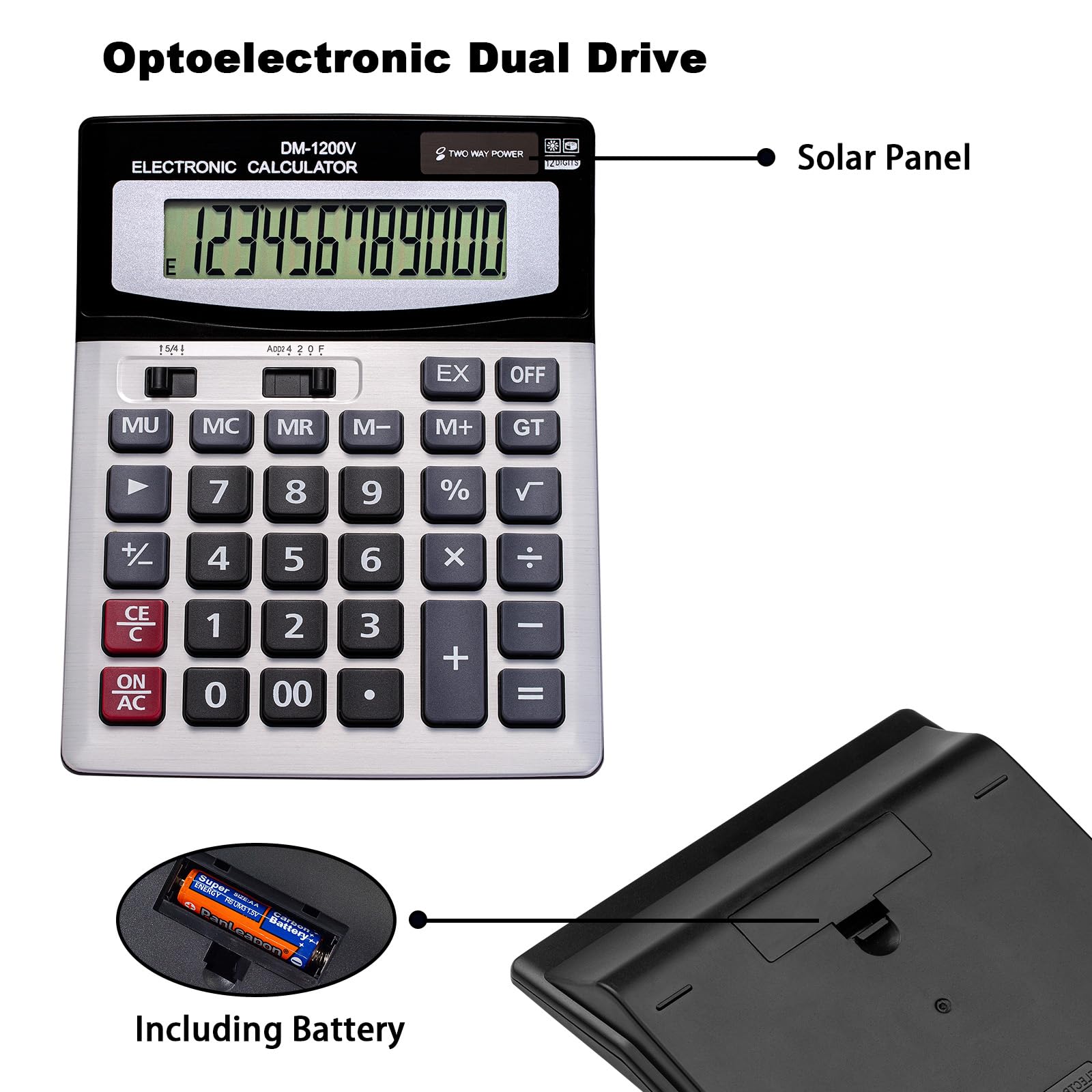 Calculadora de sobremesa de 12 dígitos con gran pantalla LCD y tecla sensible, energía solar dual y batería, función estándar para oficina (YE1200v)