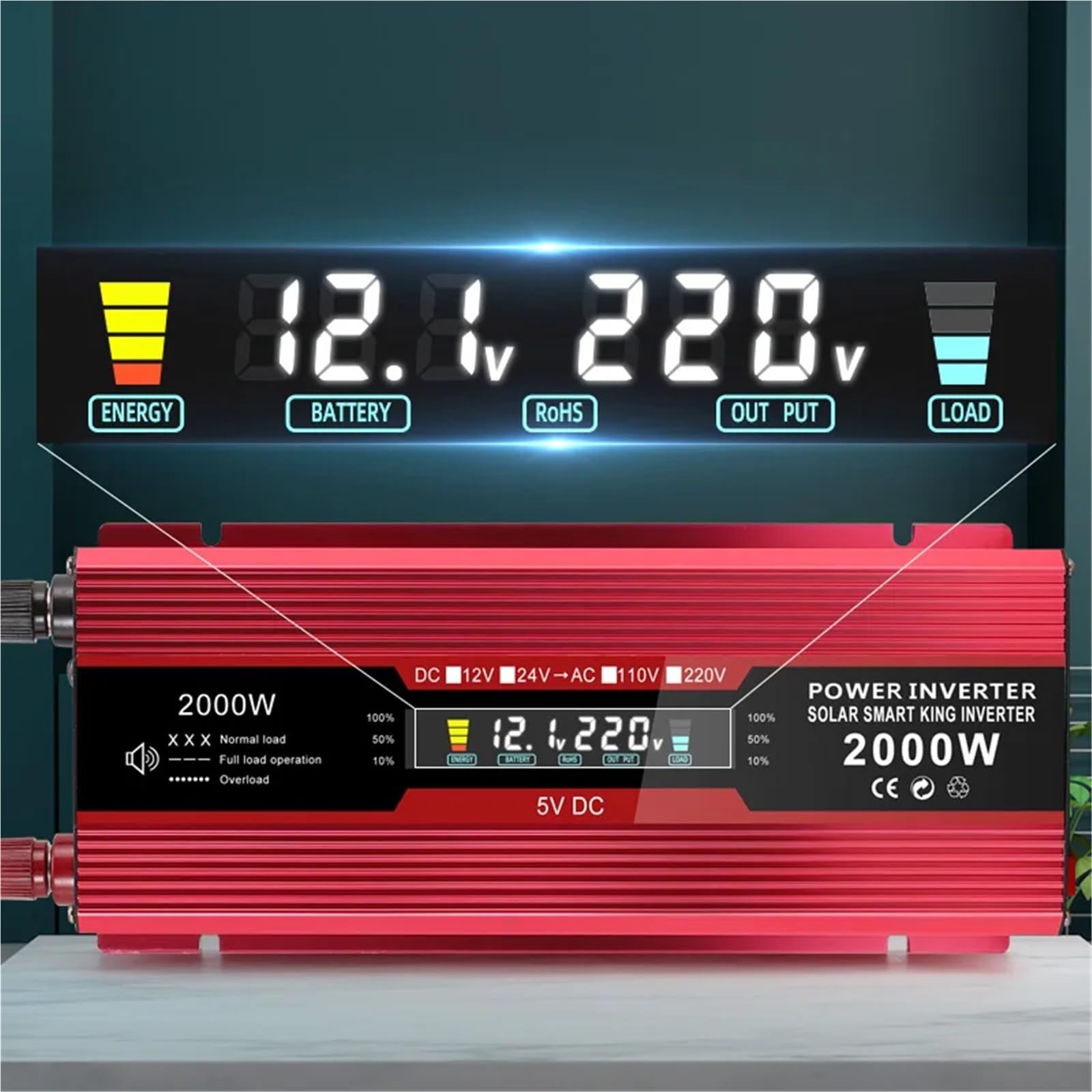 Inversor de Corriente for Coche, 2000W, Pico DC12V/24V a 220V, Enchufe Europeo, Pantalla LED de 50HZ, Onda sinusoidal modificada con enchufes de CA USB 2.1A(12V 220V EU)