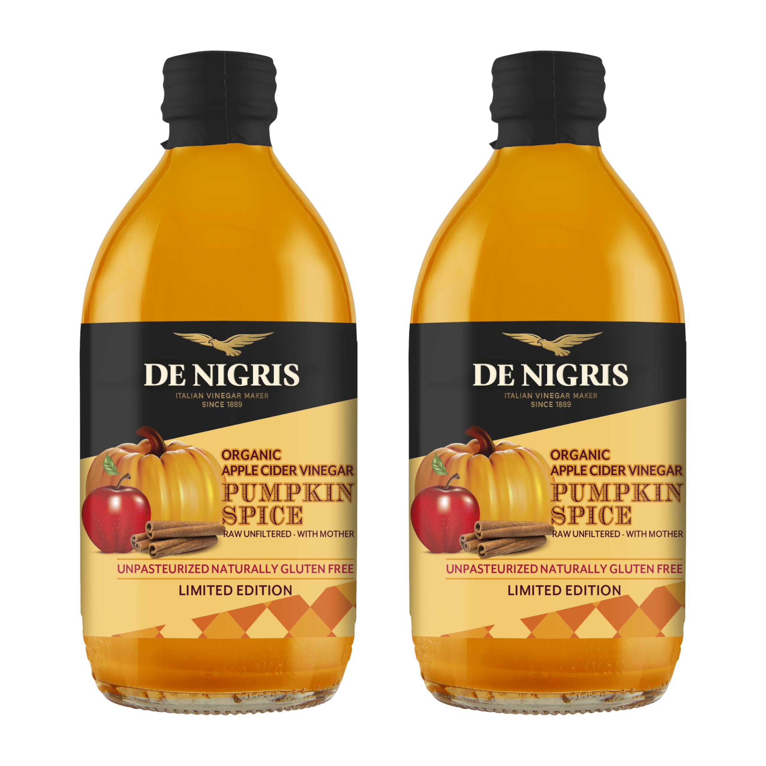 De Nigris Organic Apple Cider Vinegar Unfiltered with Pumpkin Spice 16,9 Oz (Pack of 2) | Limited Edition | apple vinegar cider, Unpasteurized Naturally Gluten Free | Apple Cider Vinegar Organic