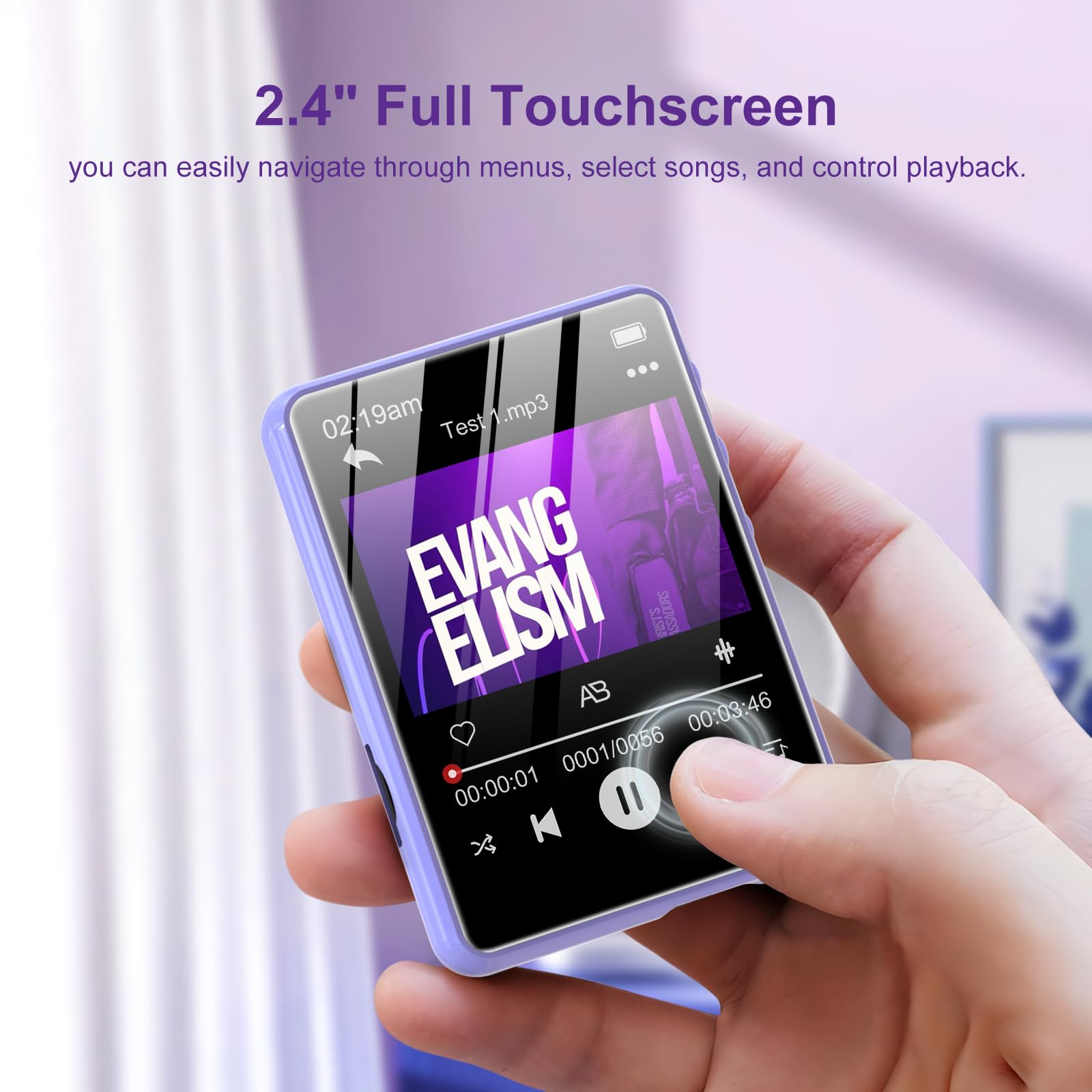 Lecteur MP3 128GB Bluetooth 5.3, ZAQE 2.4" Plein écran Tactile Lecteur MP3 Portable,Haut-parleurs Haute définition intégrés, Radio FM, Enregistrement, entrée Ligne, Son HiFi, jusqu'à 512GB, Violet